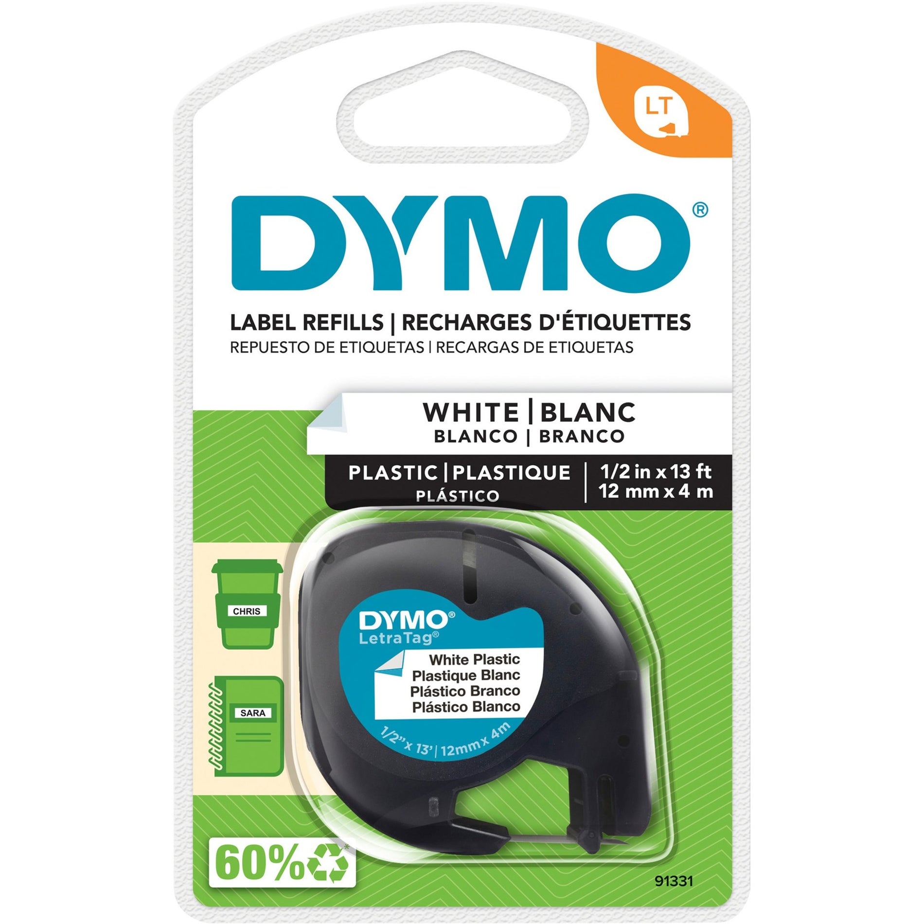 Dymo 91331 LetraTag Label Maker Tape Cartridge, 1/2"x13', Plastic, Pearl White