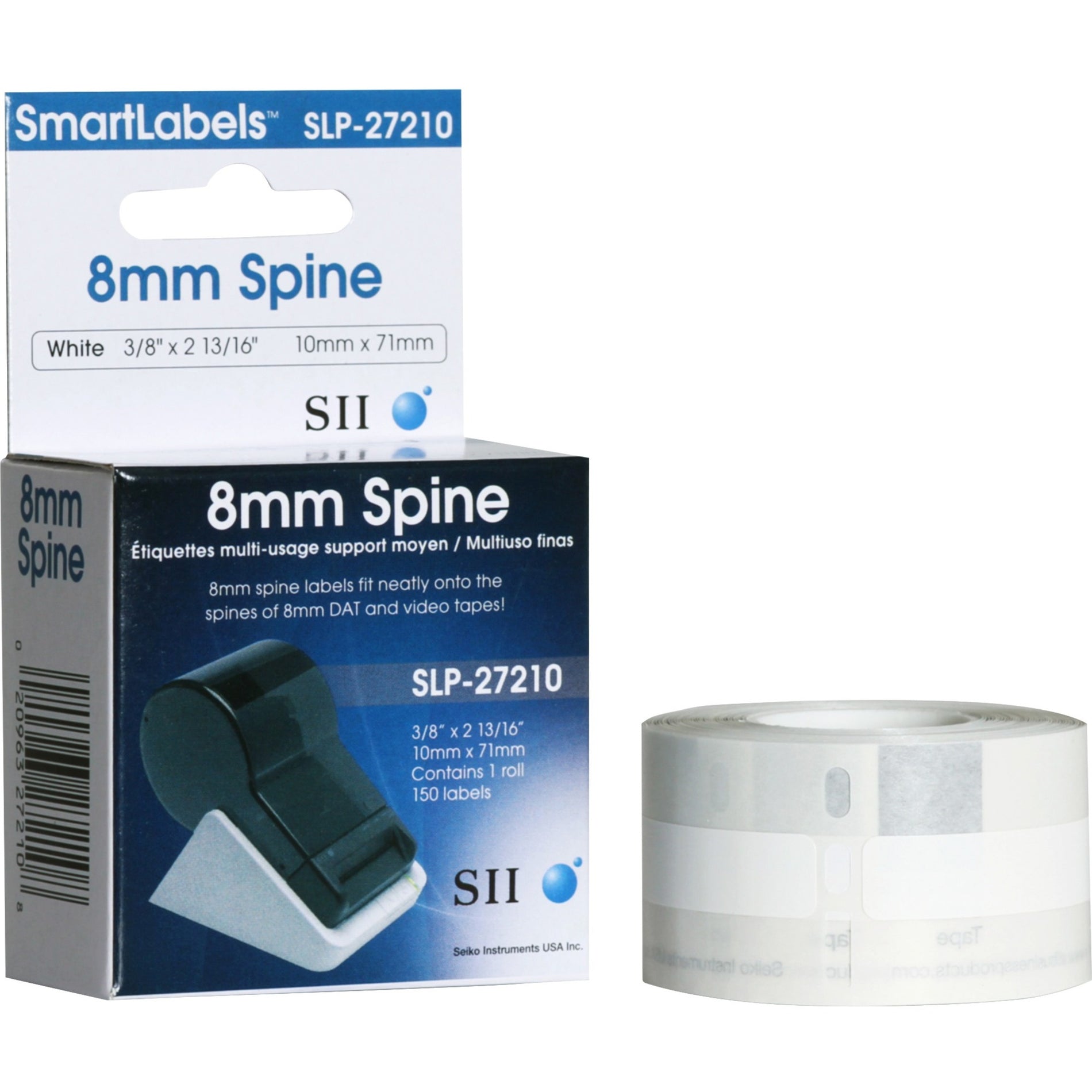 Seiko SLP-27210 Audio Cassette Label, Rectangle, White, 2 13/16" x 3/8", Inkjet, 150 Labels per Roll