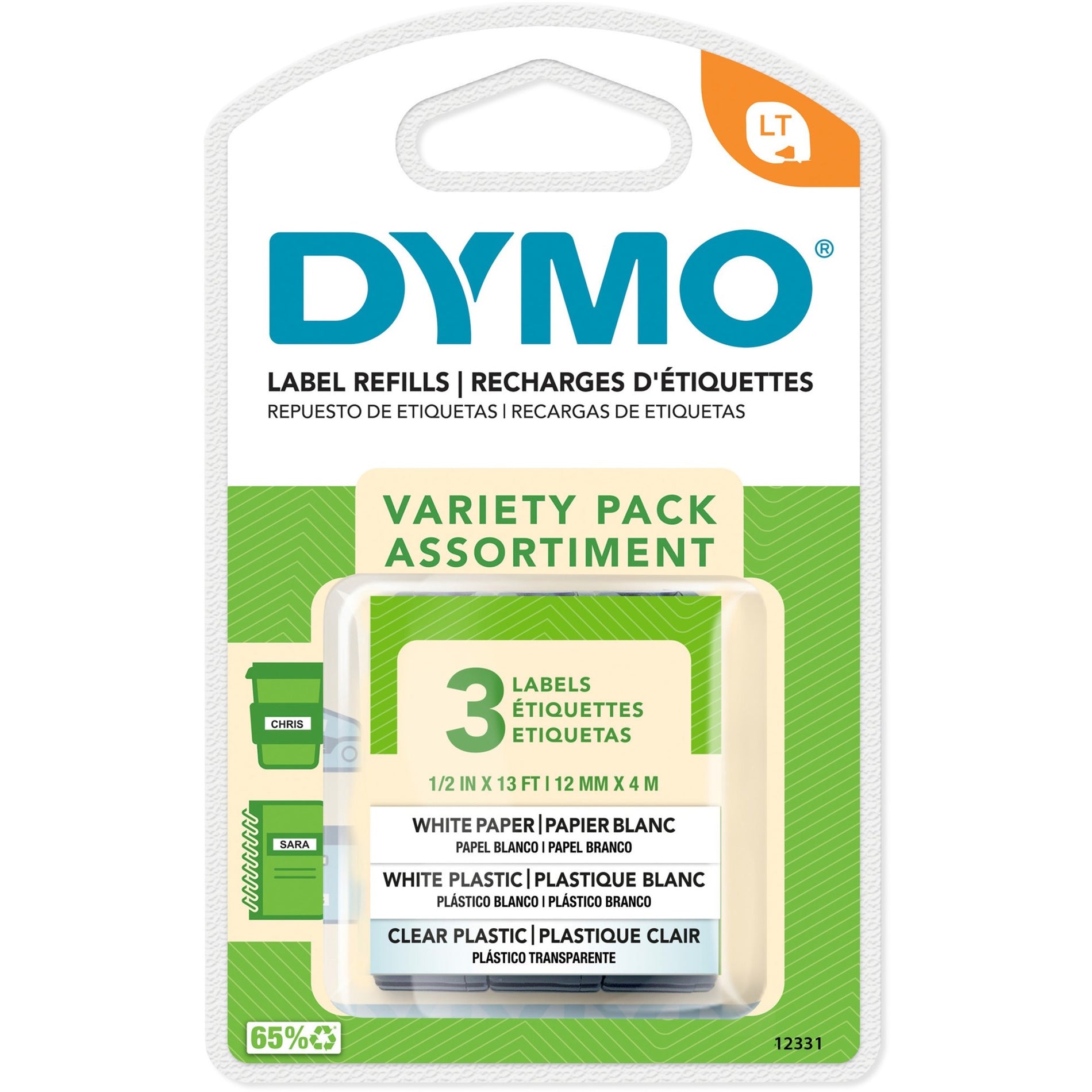 Dymo 12331 LetraTag Starter Kit, 1/2"x13', 3 Rolls Assorted