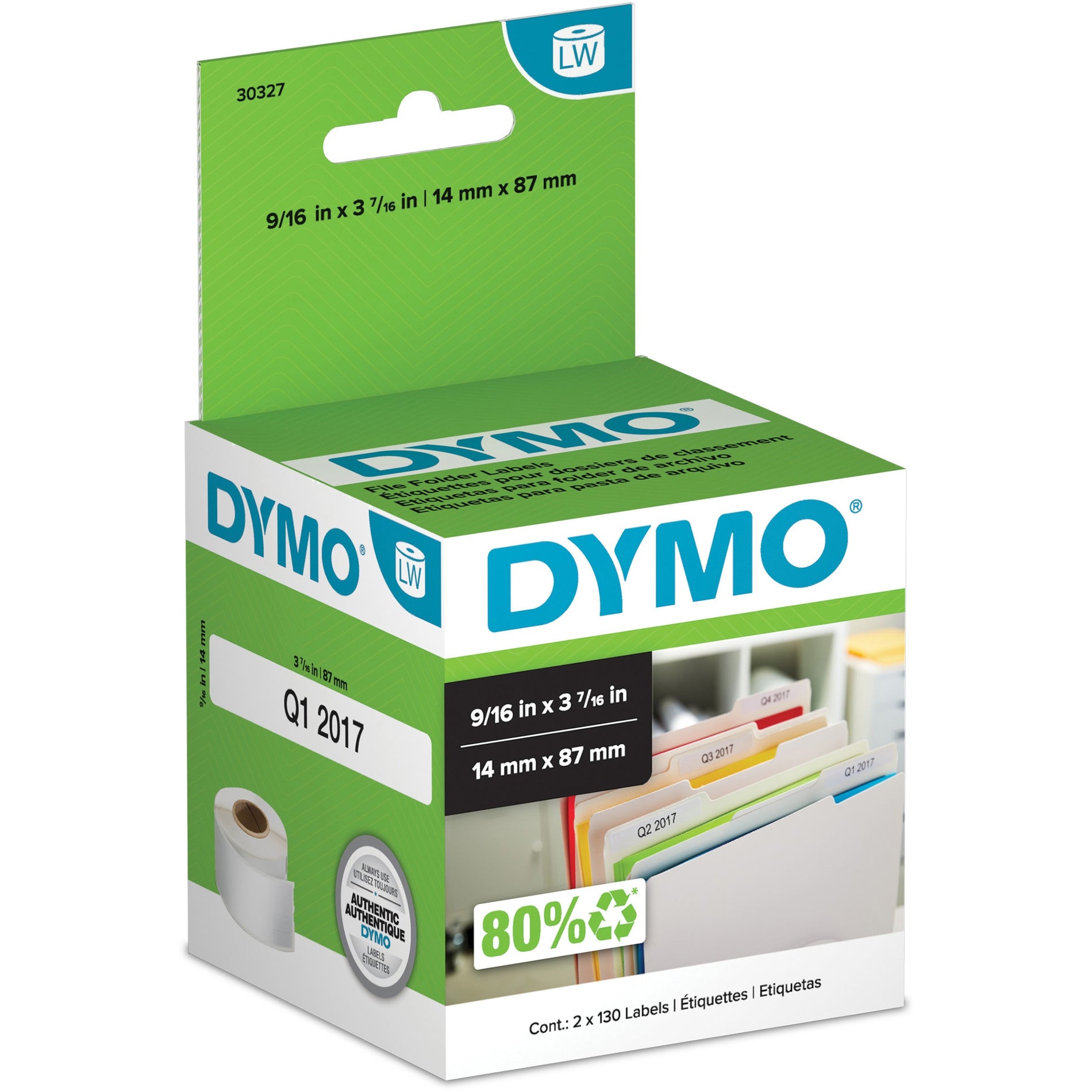 Dymo 30327 Labelwriter File Folder Labels, 260 Labels per Box, 9/16" x 3 7/16", White