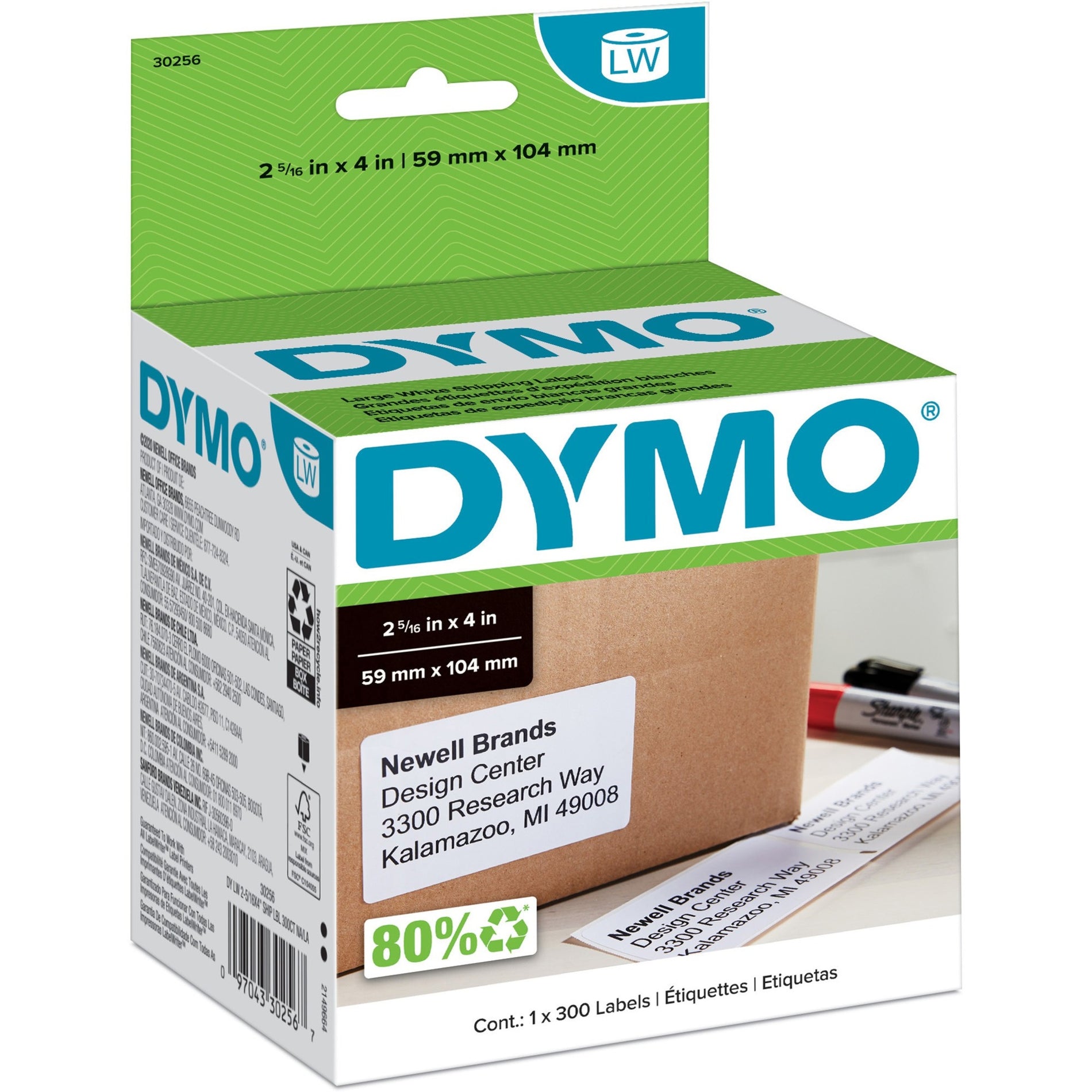 Dymo 30256 LabelWriter Large Shipping Labels, 4"x2-5/16", 300 Labels/RL, White