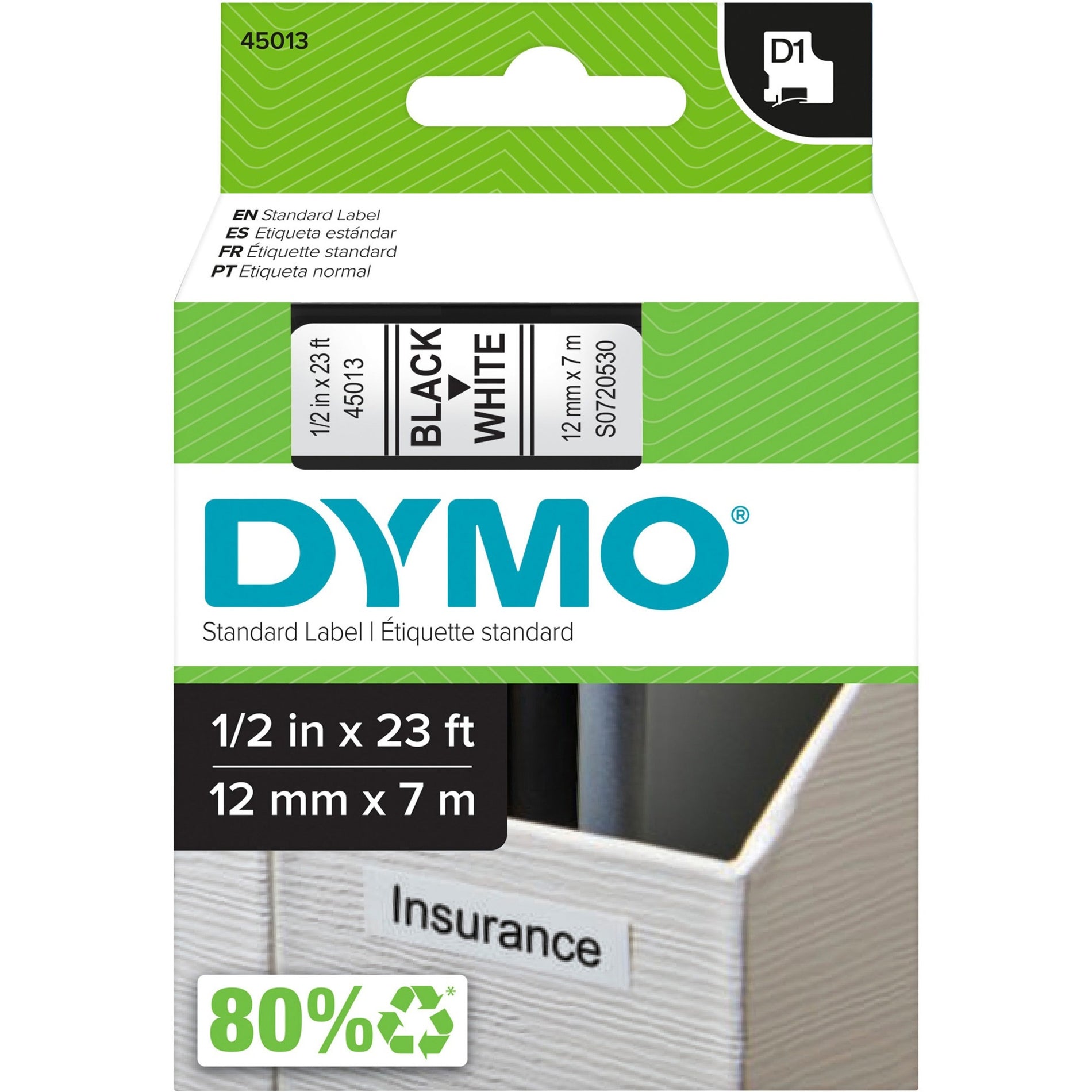 Dymo 45013 D1 Electronic Tape Cartridge, 1/2"x23' Size, Black/White