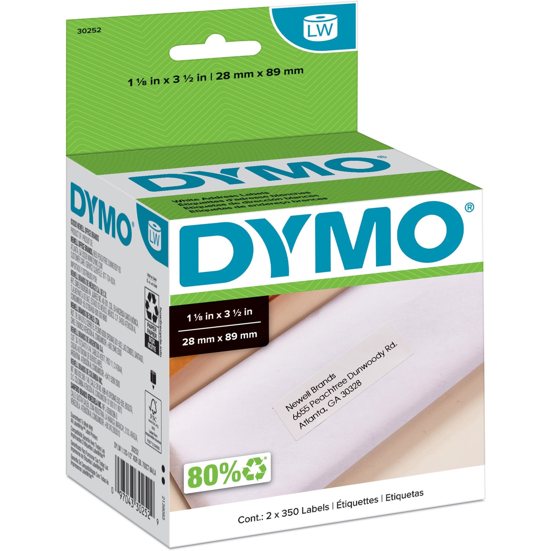 Dymo 30252 LabelWriter Address Labels, Self-adhesive, 1 1/8" x 3 1/2", 350 Labels per Roll
