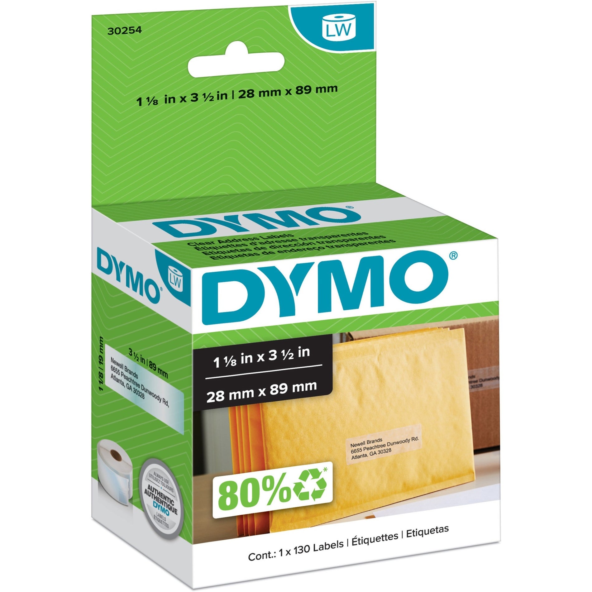 Dymo 30254 Clear Address Labels, 3-1/2"x1-1/8", 130 Labels/BX