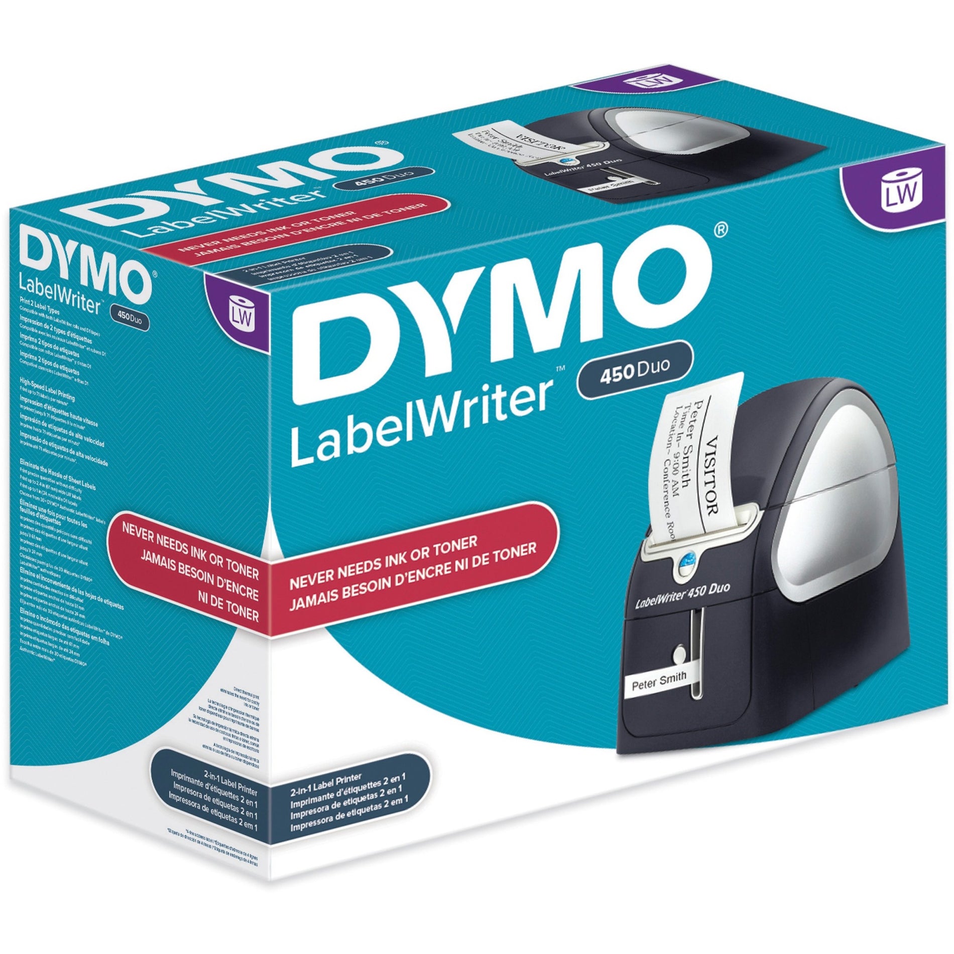Dymo 1752267 LabelWriter 450 Duo Label Printer, USB Connectivity, 71 Labels Per Min., BK/PM