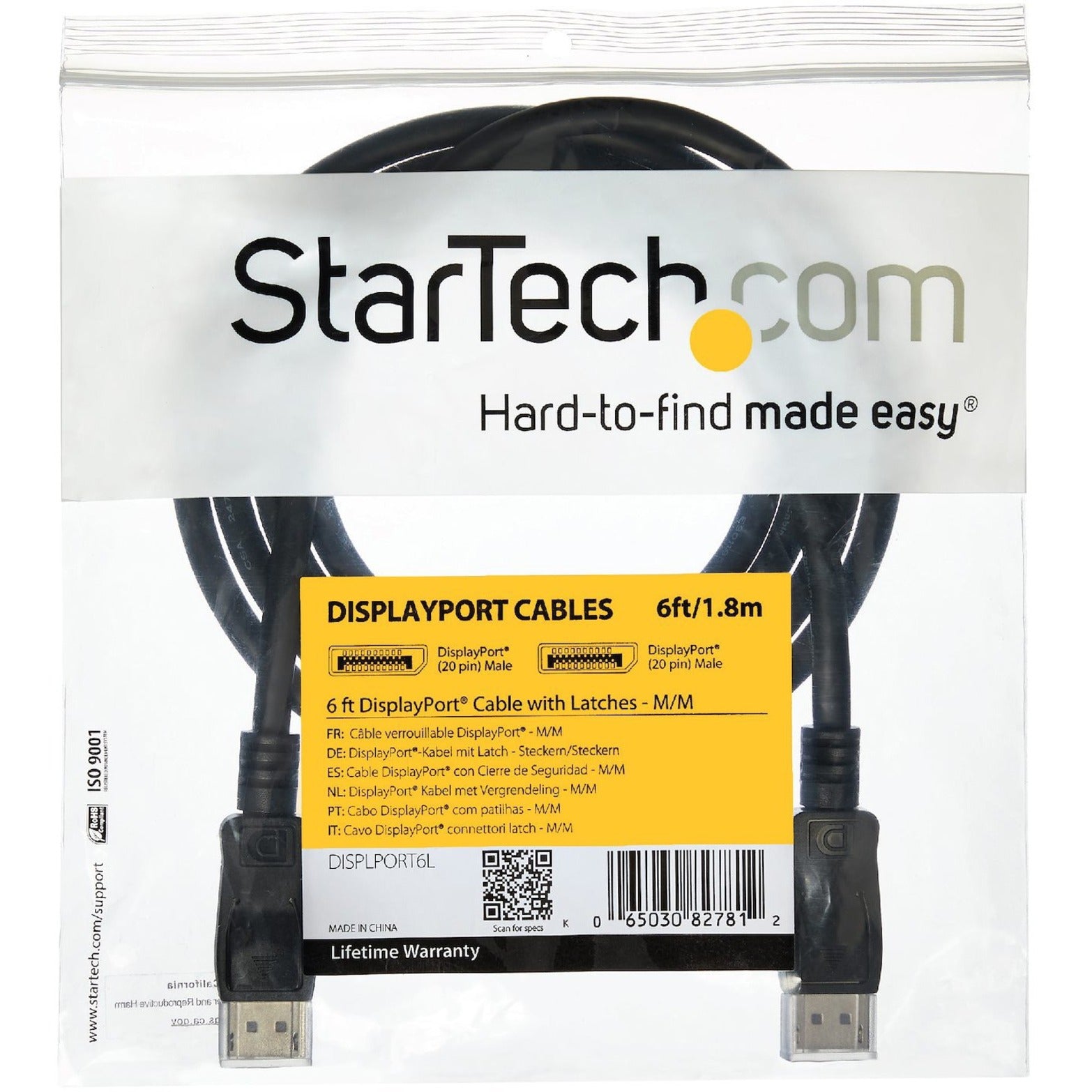 StarTech.com DISPLPORT35L 35 ft DisplayPort Cable with Latches - M/M, High-Speed Video Cable for Graphics Card, Projector, Monitor