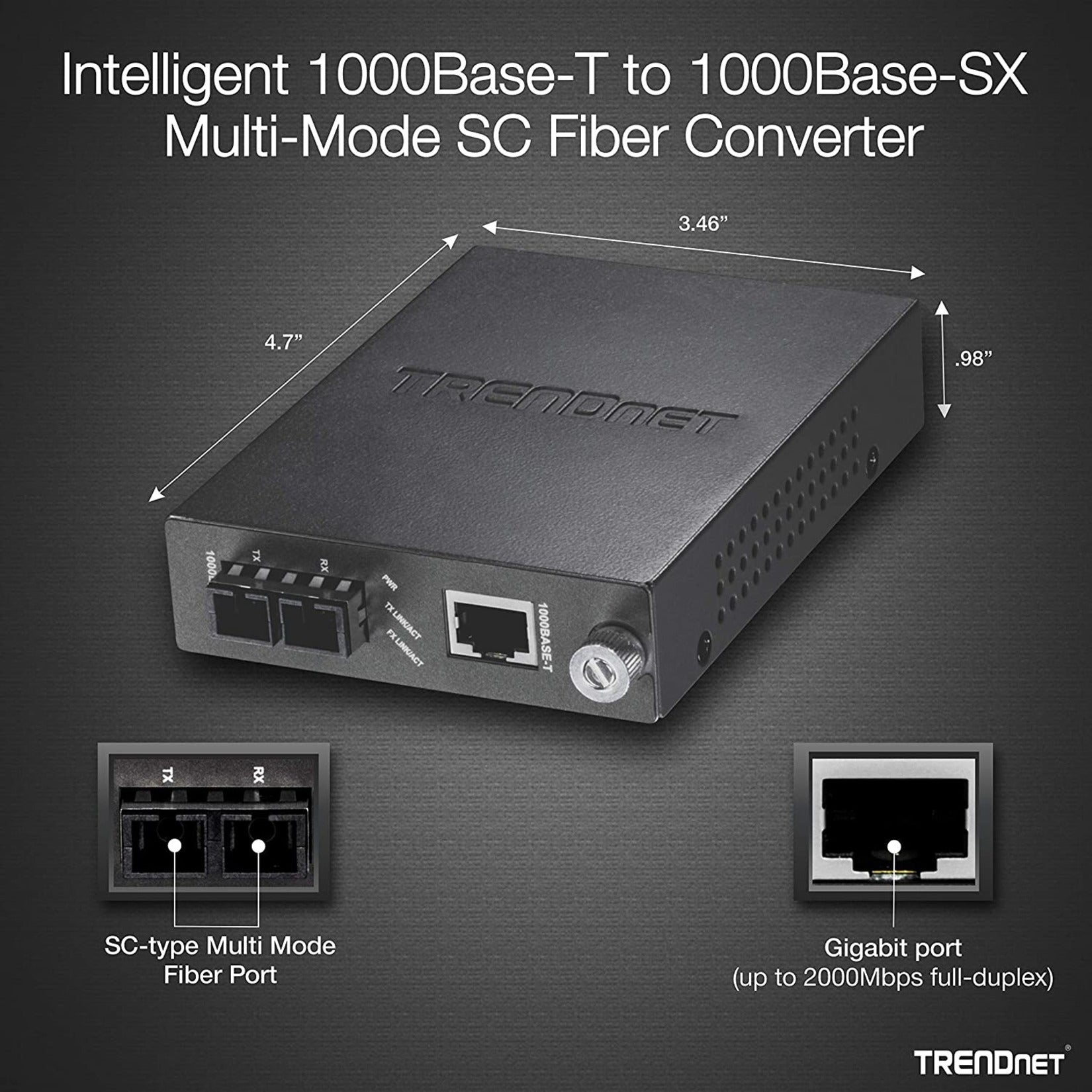 TRENDnet TFC-1000MSC 1000Base-T to 1000Base-SX SC-type Fiber Converter, Multi-Mode Fiber with SC Connector