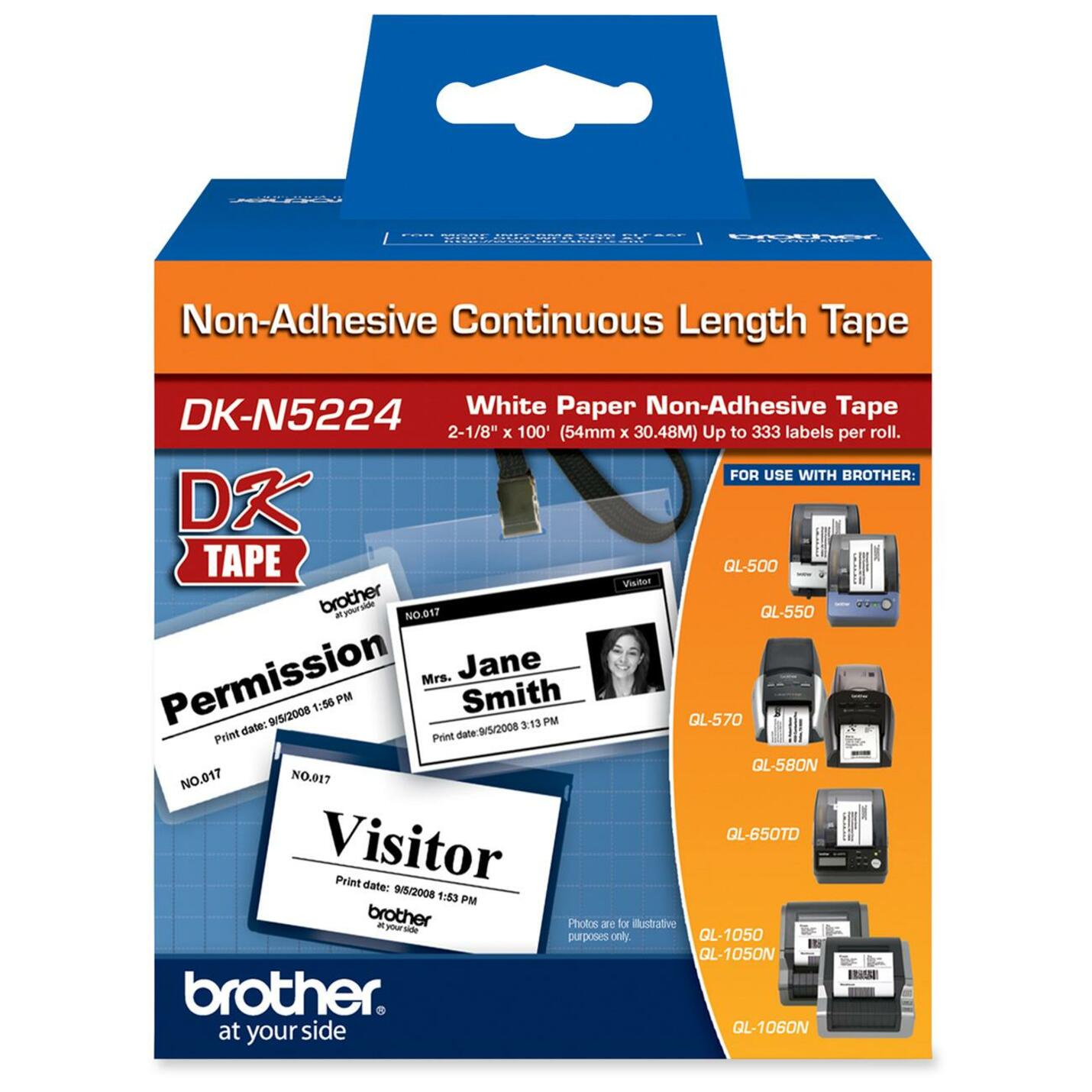 Brother DKN5224 DK Series Non-adhesive Continuous Paper Tape Roll, 2 1/10" Label Width, Black/White
