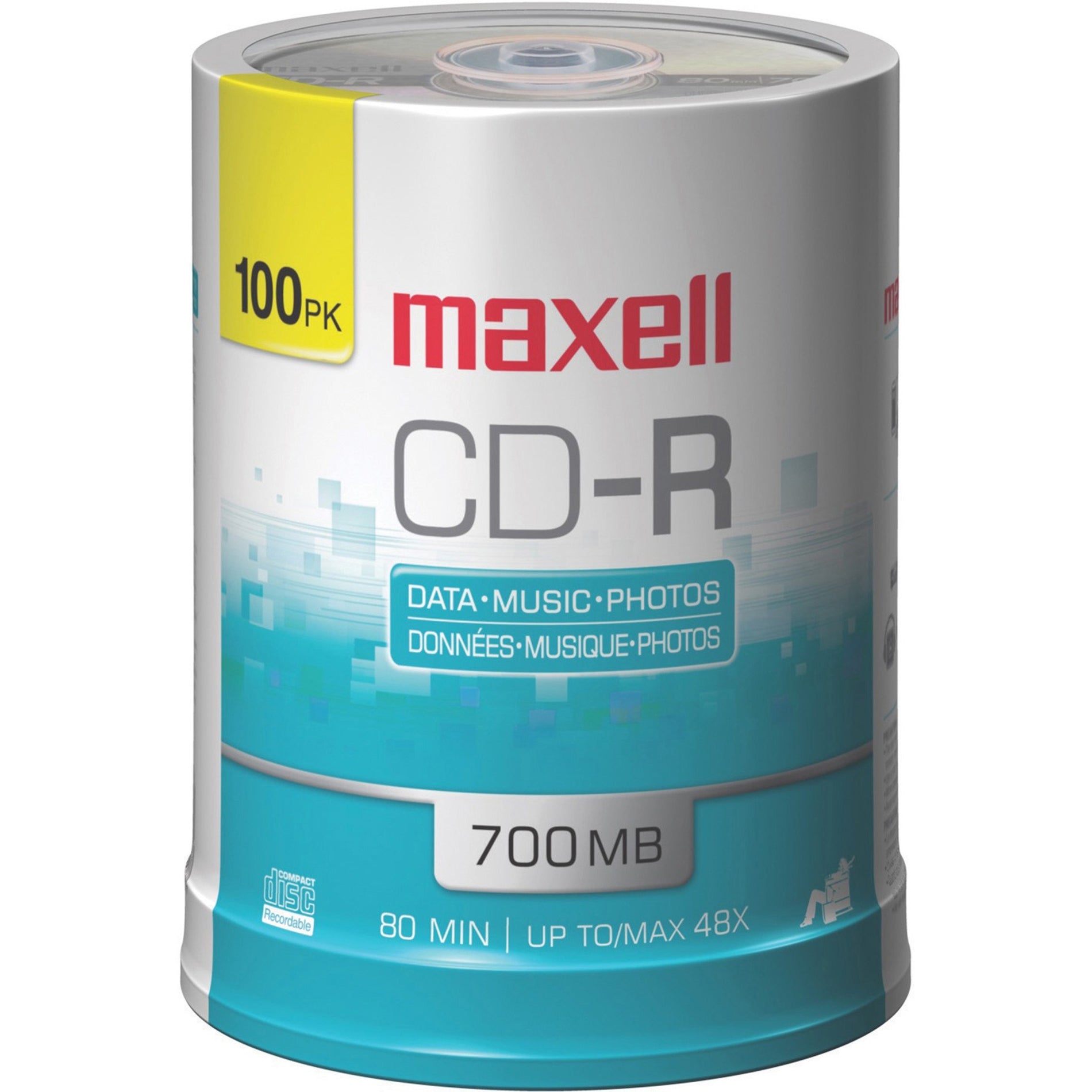 Maxell 648200 Branded Surface CD-R Discs Spindle, 80 Min/700MB, 48X, 100/PK