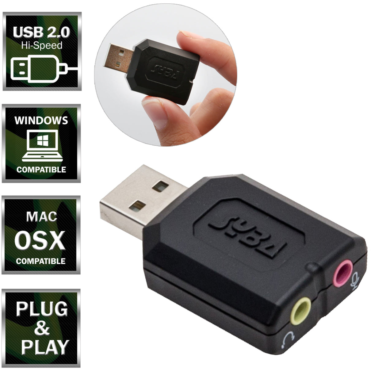 SYBA Multimedia SD-CM-UAUD USB 2.0 External Stereo Audio Adapter, LED Indicator, 2-way, USB Type A - Male to Mini-phone Stereo Audio - Female