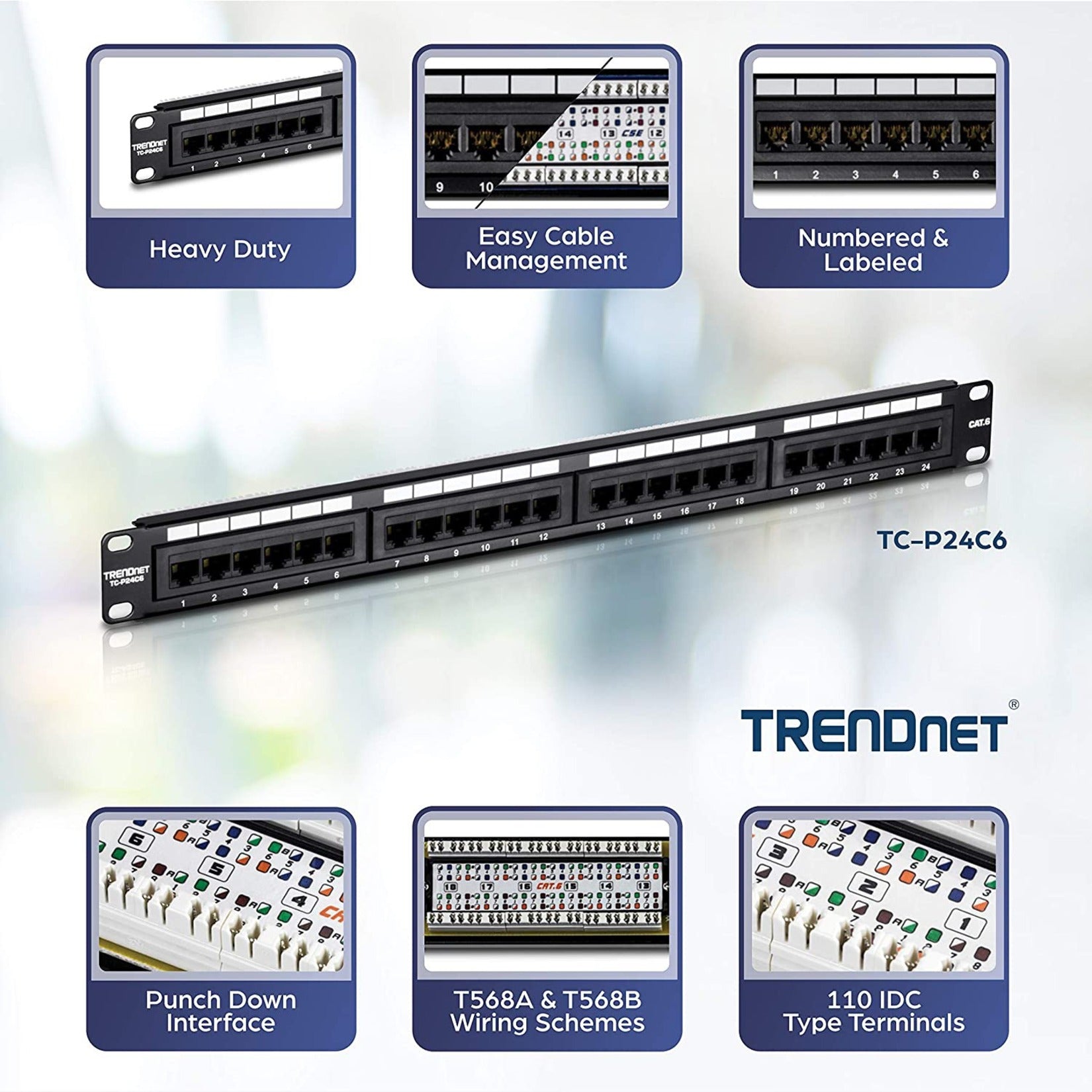 TRENDnet TC-P24C6 Cat6 24-port Unshielded Patch Panel, Color-coded Labeling, 180° Angle Type