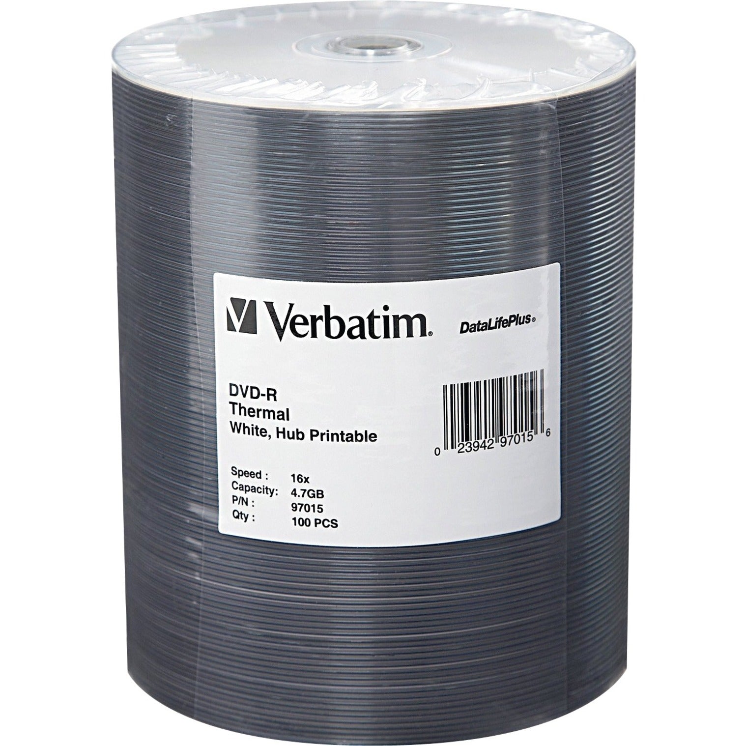 Verbatim 97015 DVD-R 4.7GB 16x DataLifePlus White Thermal Hub Printable 100pk Wrap, Lifetime Warranty