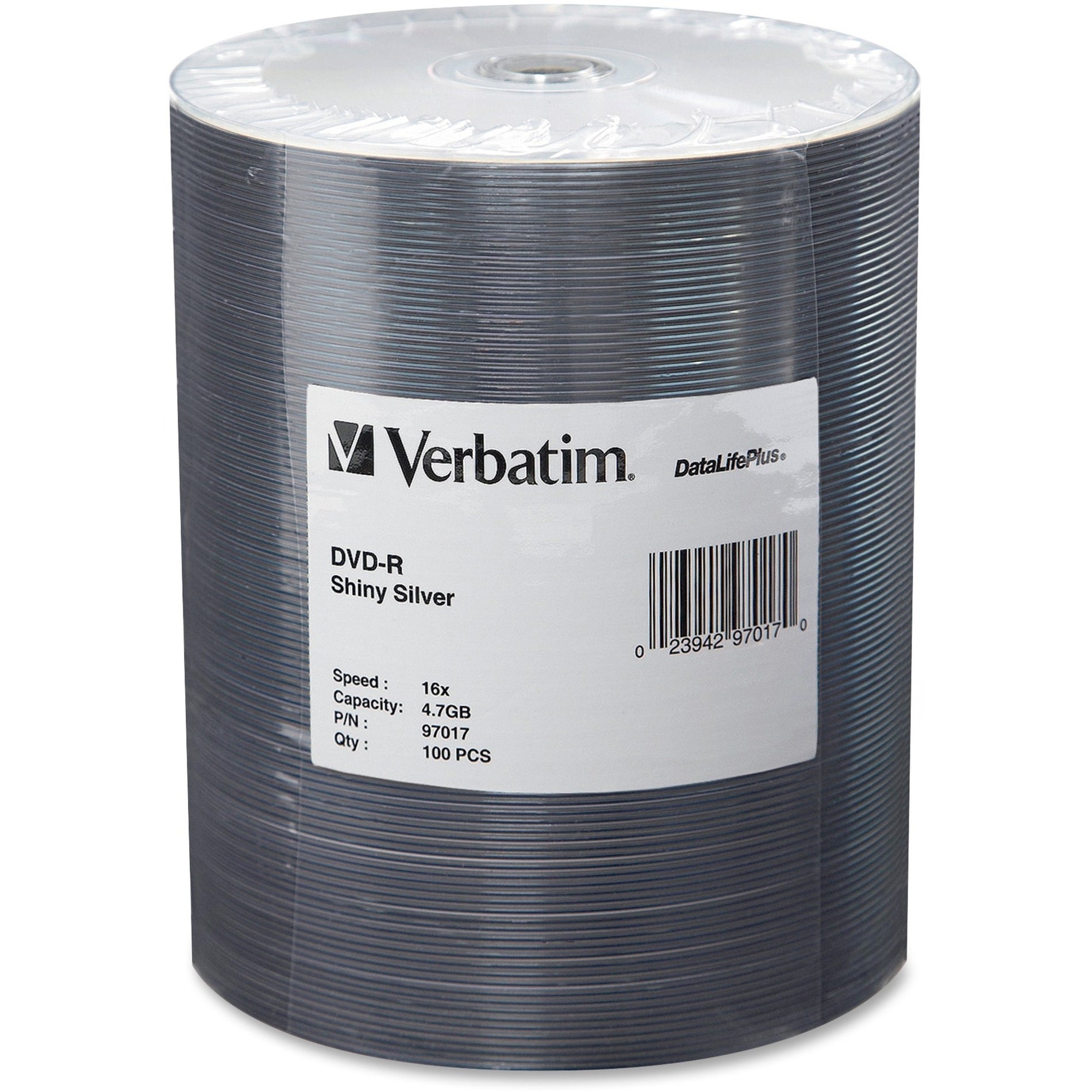Verbatim 97017 4.7GB 16X DataLifePlus Silver DVD-Rs, 100/PK, Shiny Silver