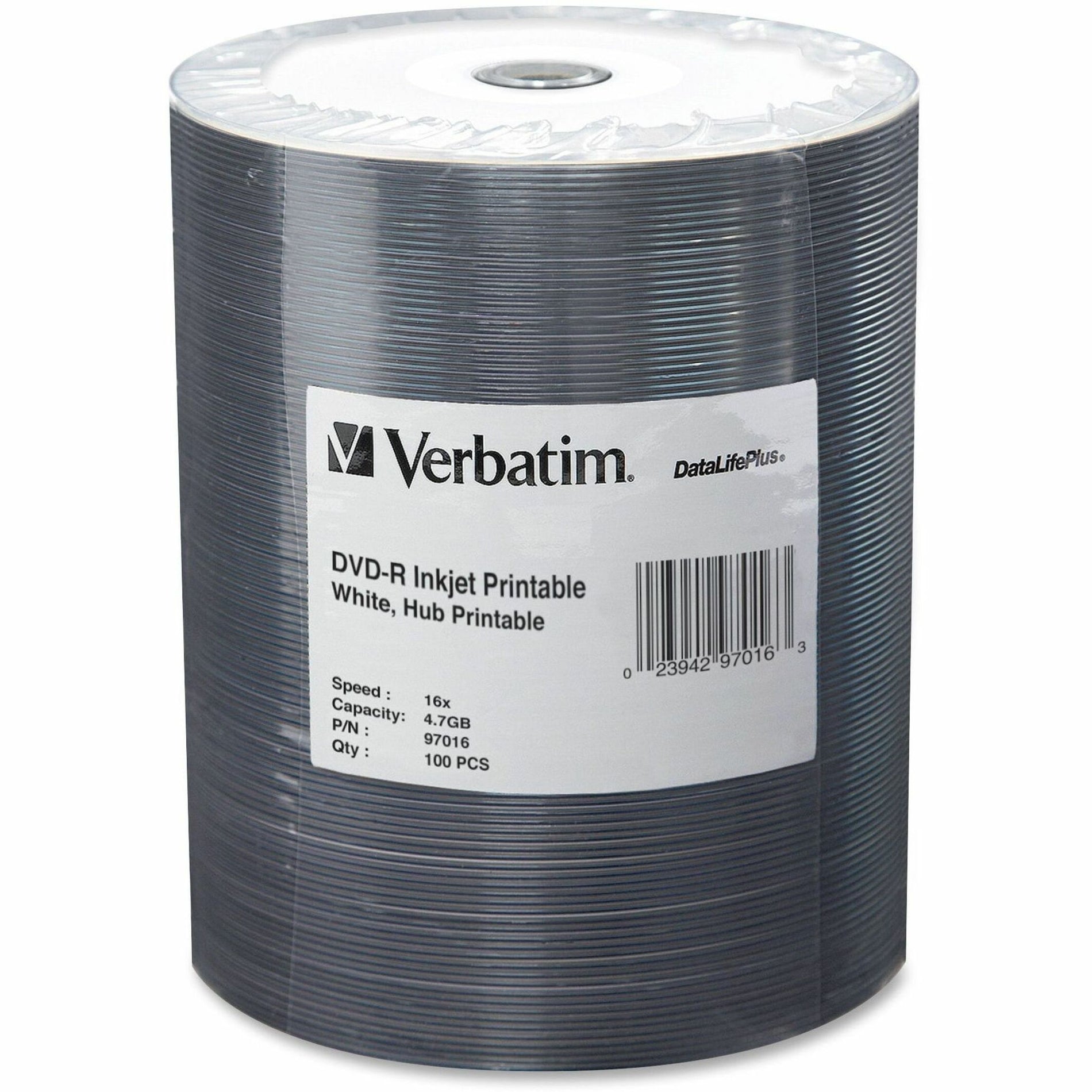 Verbatim 97016 16X DataLifePlus Inkjt Hub Printable DVD-Rs, 4.7GB, 16x, 100/PK, White