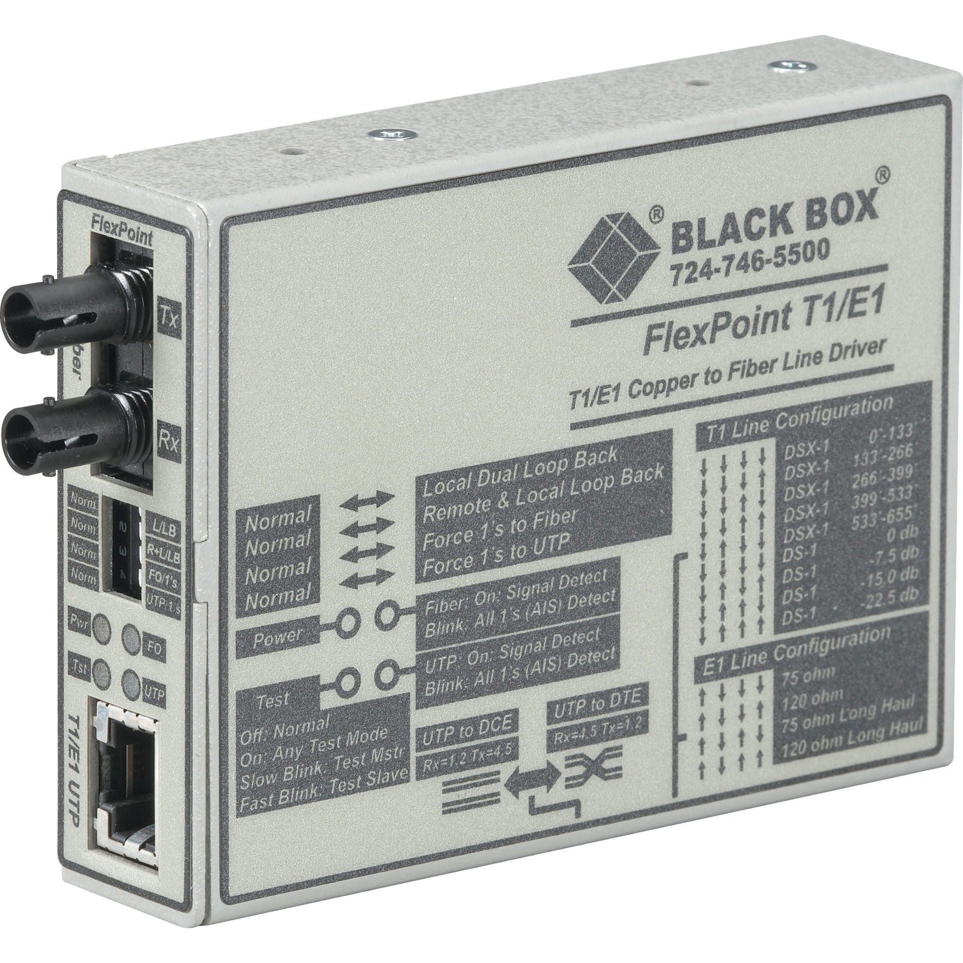 Black Box MT660A-MM FlexPoint T1/E1 to Fiber Converter, Easy to Install, Extensive Diagnostics, LED Display