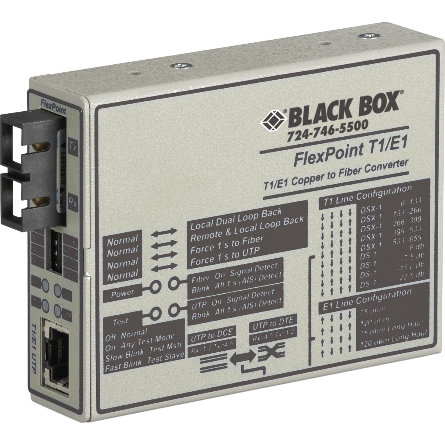 Black Box MT662A-MSC FlexPoint T1/E1 to Fiber Line Converter, Easy to Install, Extensive Diagnostics, LED Display