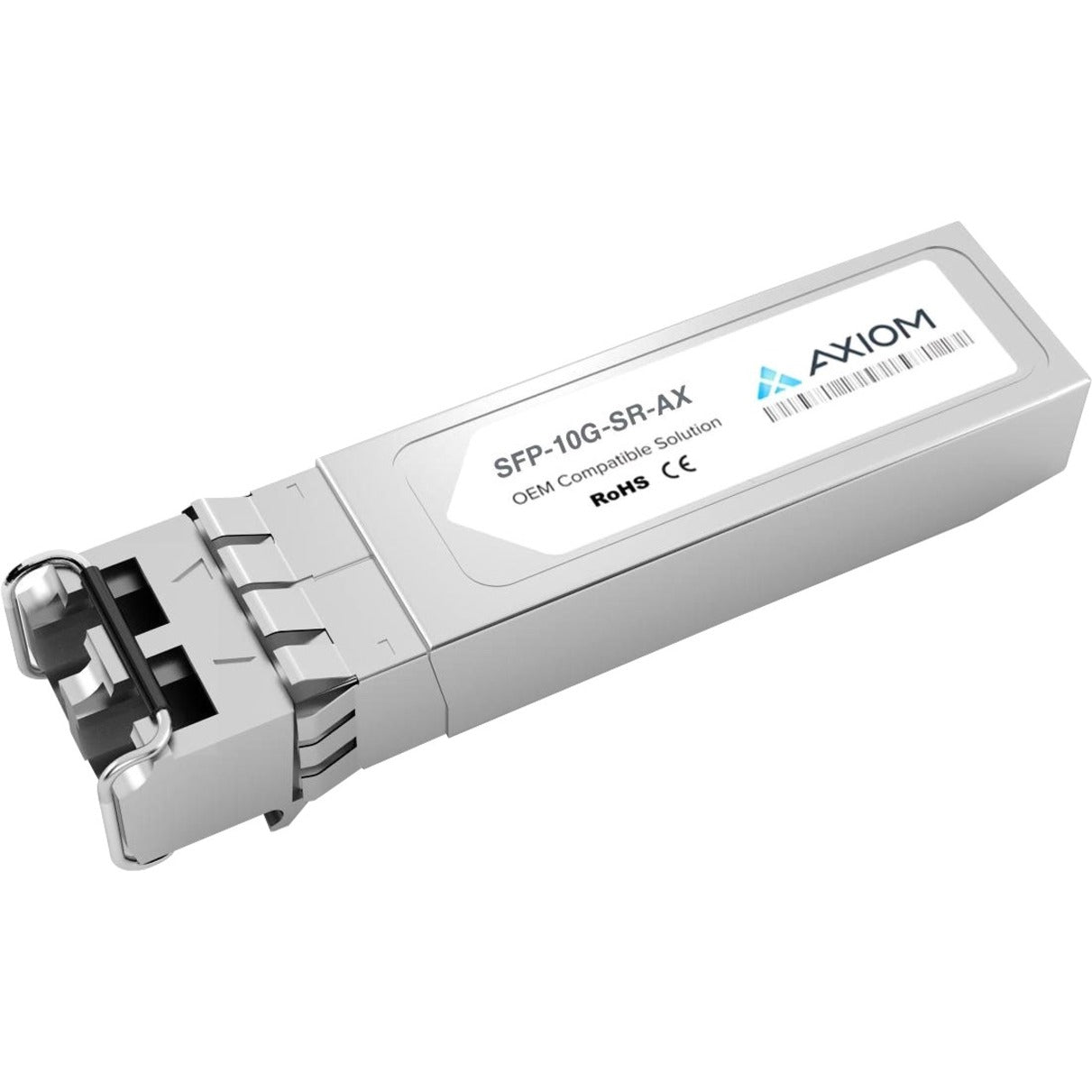 Axiom SFP-10G-SR-AX optical transceiver module with LC connector interface showing premium silver housing and detailed product labeling-alternate-image1
