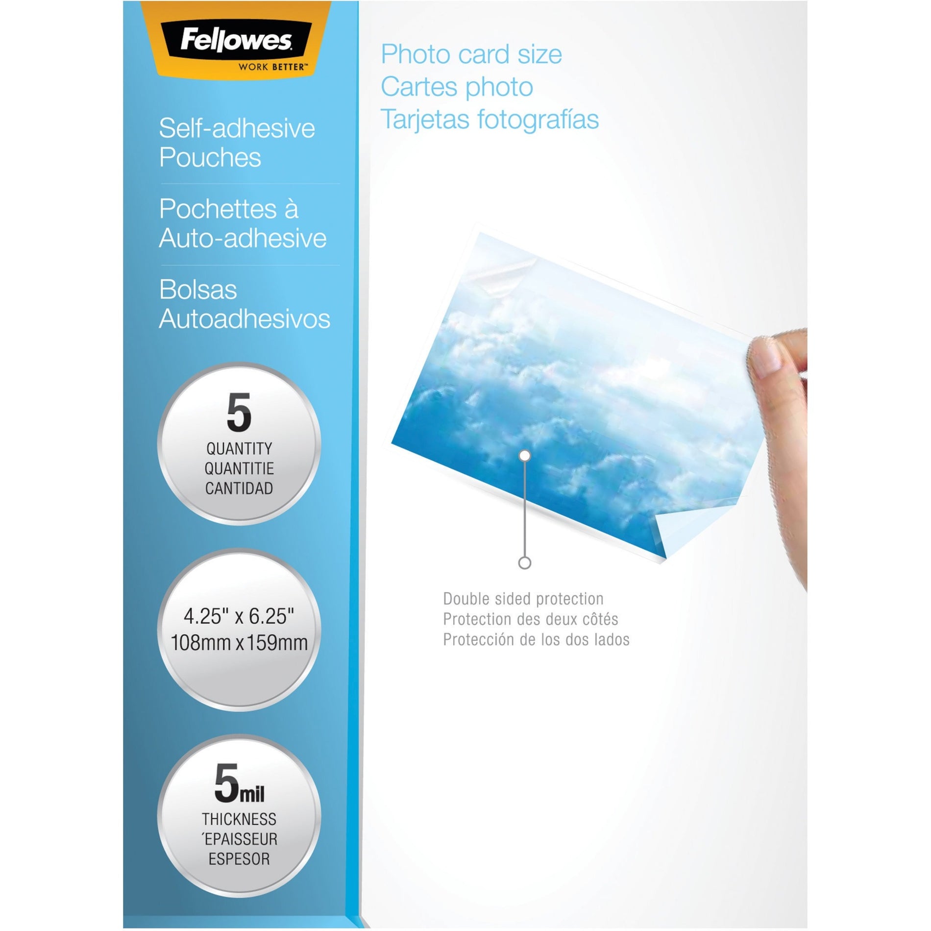 Fellowes 5220401 Self-Adhesive Pouches - Photo, 5mil, 5 Pack, Durable, Cold-run, Clear