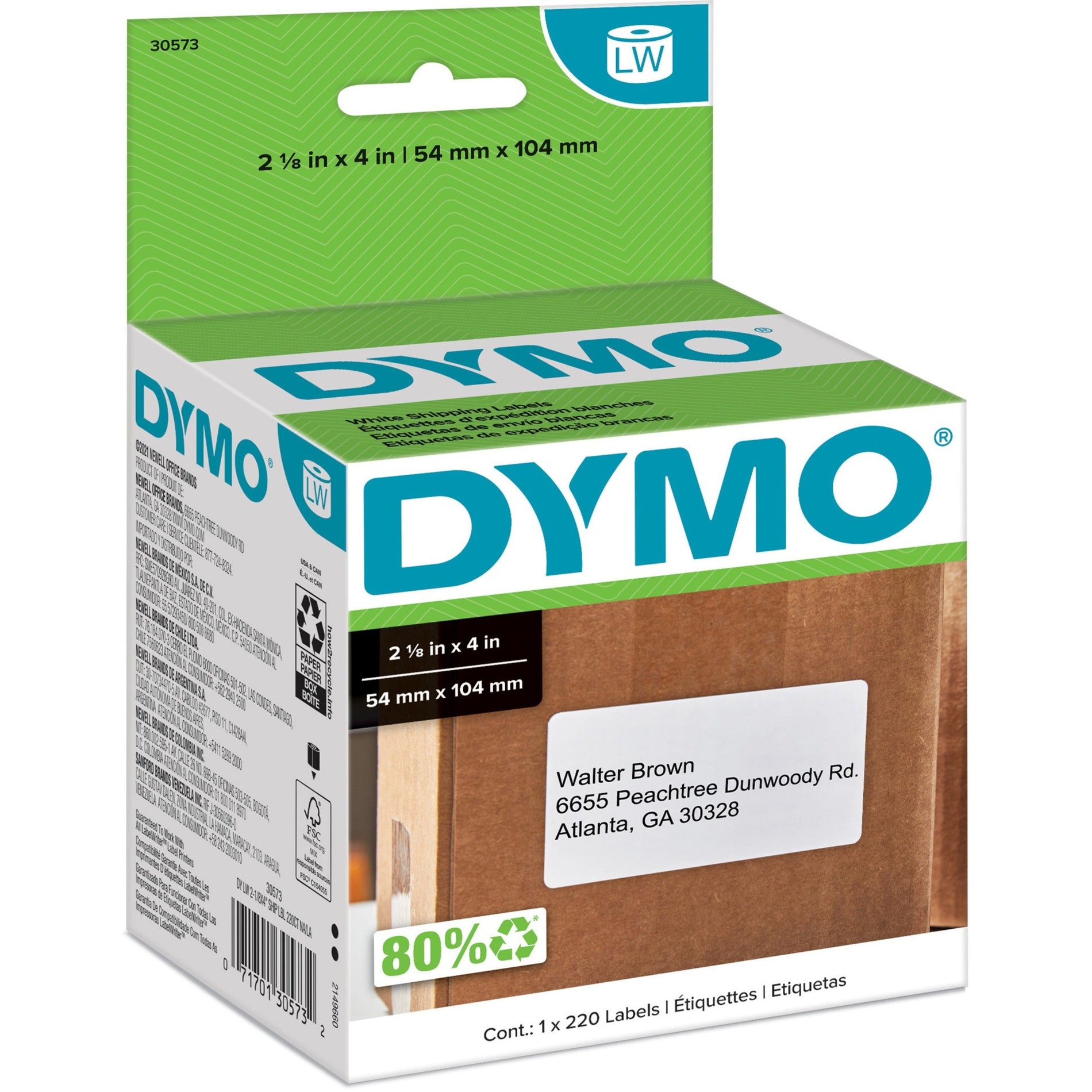 Dymo 30573 LW Shipping Labels, 2 1/8" x 4" Length, White, 220 / Pack