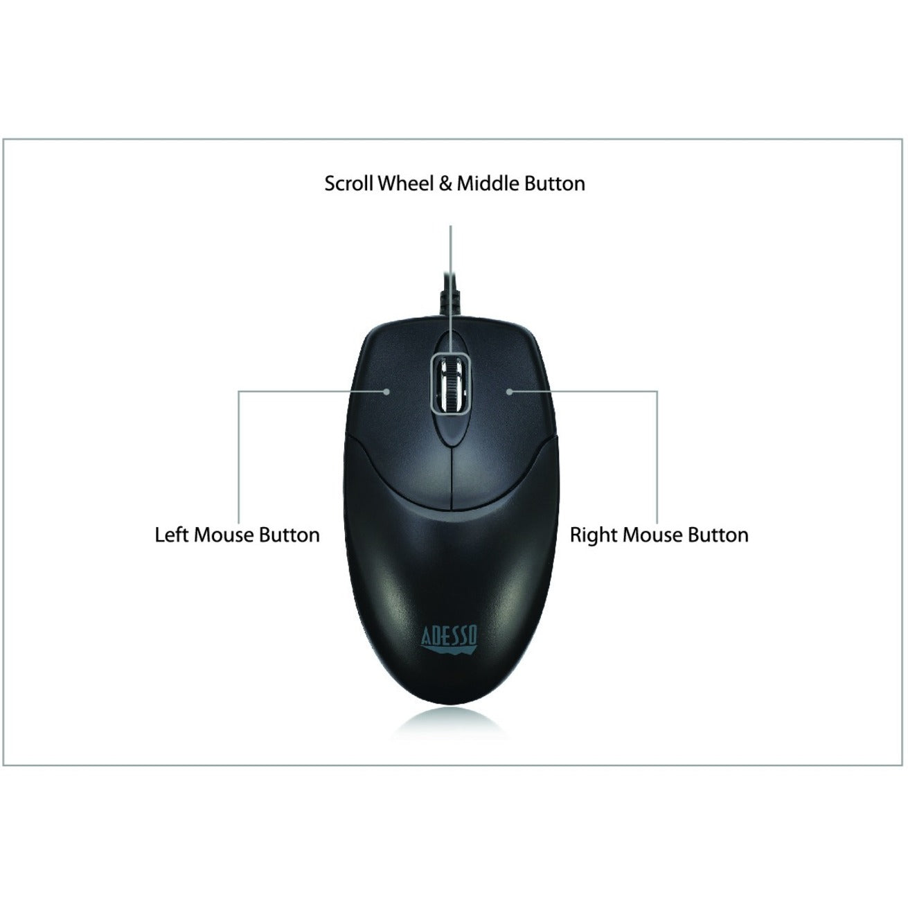 Adesso HC-3003US 3 Button Desktop Optical Scroll Mouse (USB), Ergonomic Fit, 1000 dpi, 5 ft Cable