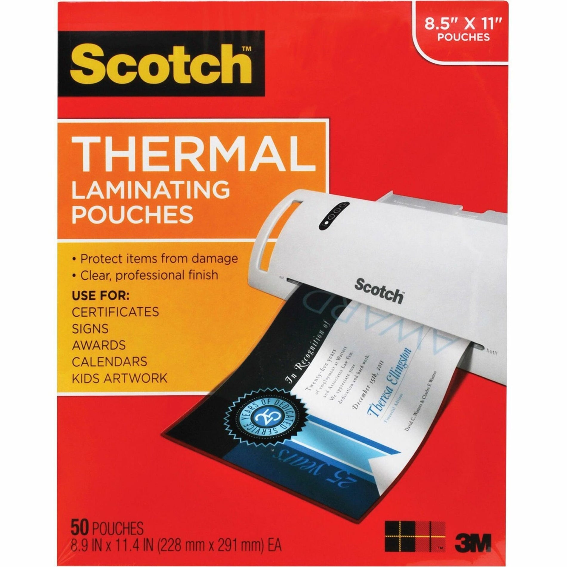 Scotch TP385450 Thermal Laminating Pouches, Ltr, 11-1/2"x9", 50/PK, Clear