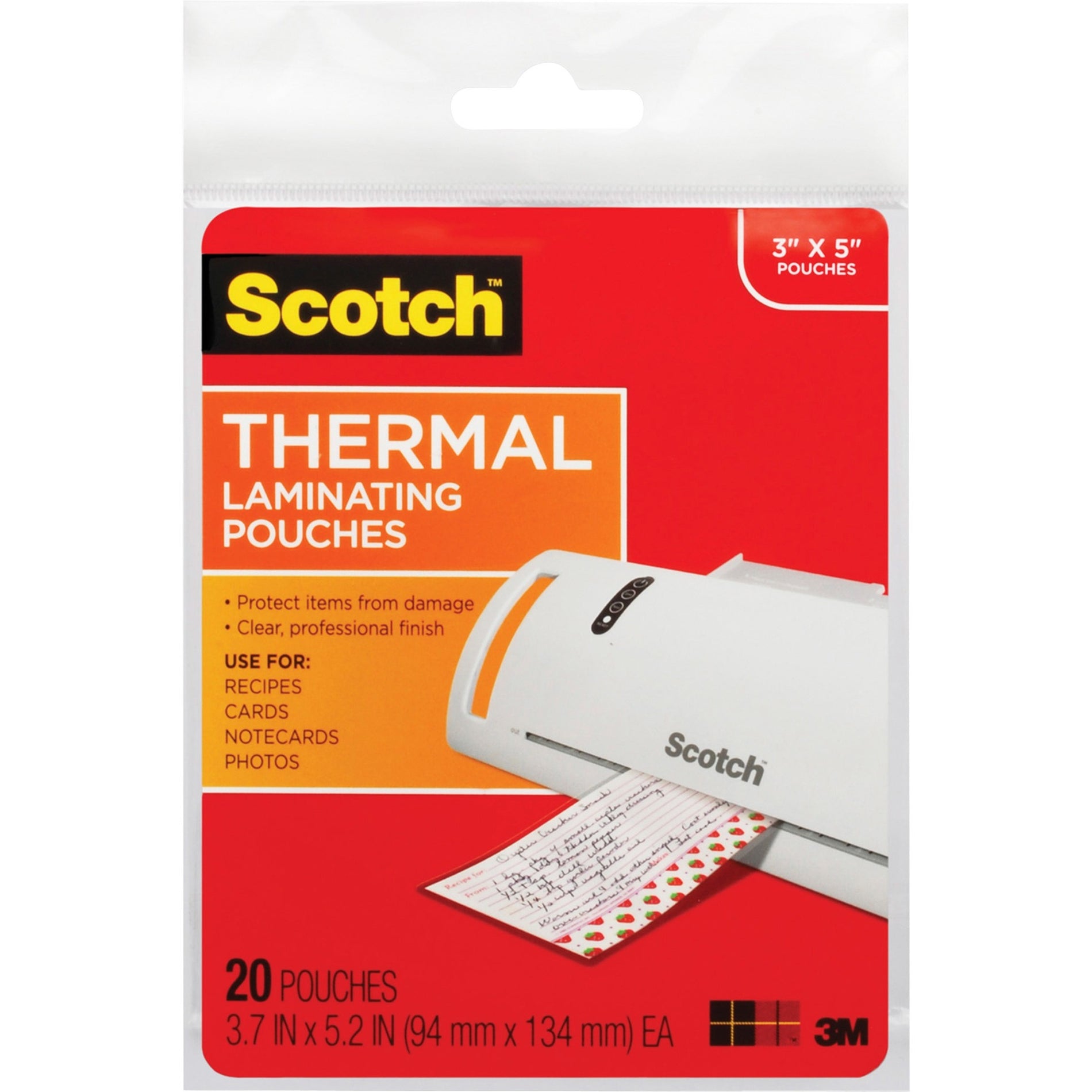 Scotch TP590220 Thermal Laminating Pouches, Double Sided, Glossy, 5 mil, 3.70" x 5.20" (20/Pack)