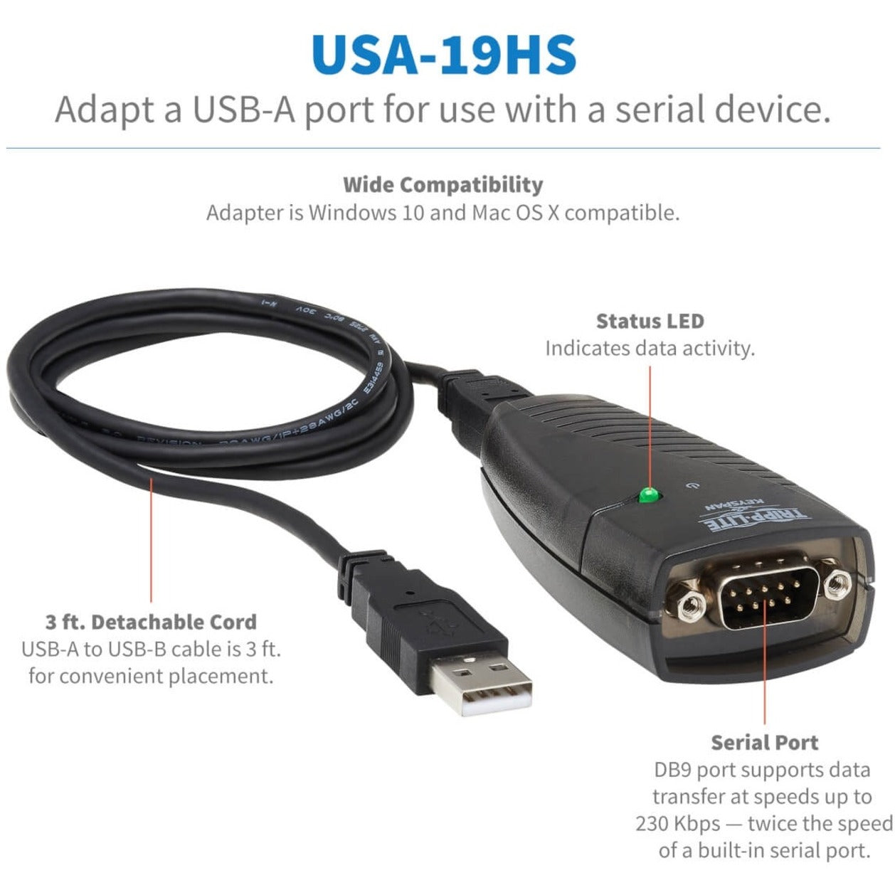 Keyspan USA-19HS High Speed USB Serial Adapter, Data Transfer Cable, 3 ft, Copper Conductor, TAA Compliant, RoHS Certified