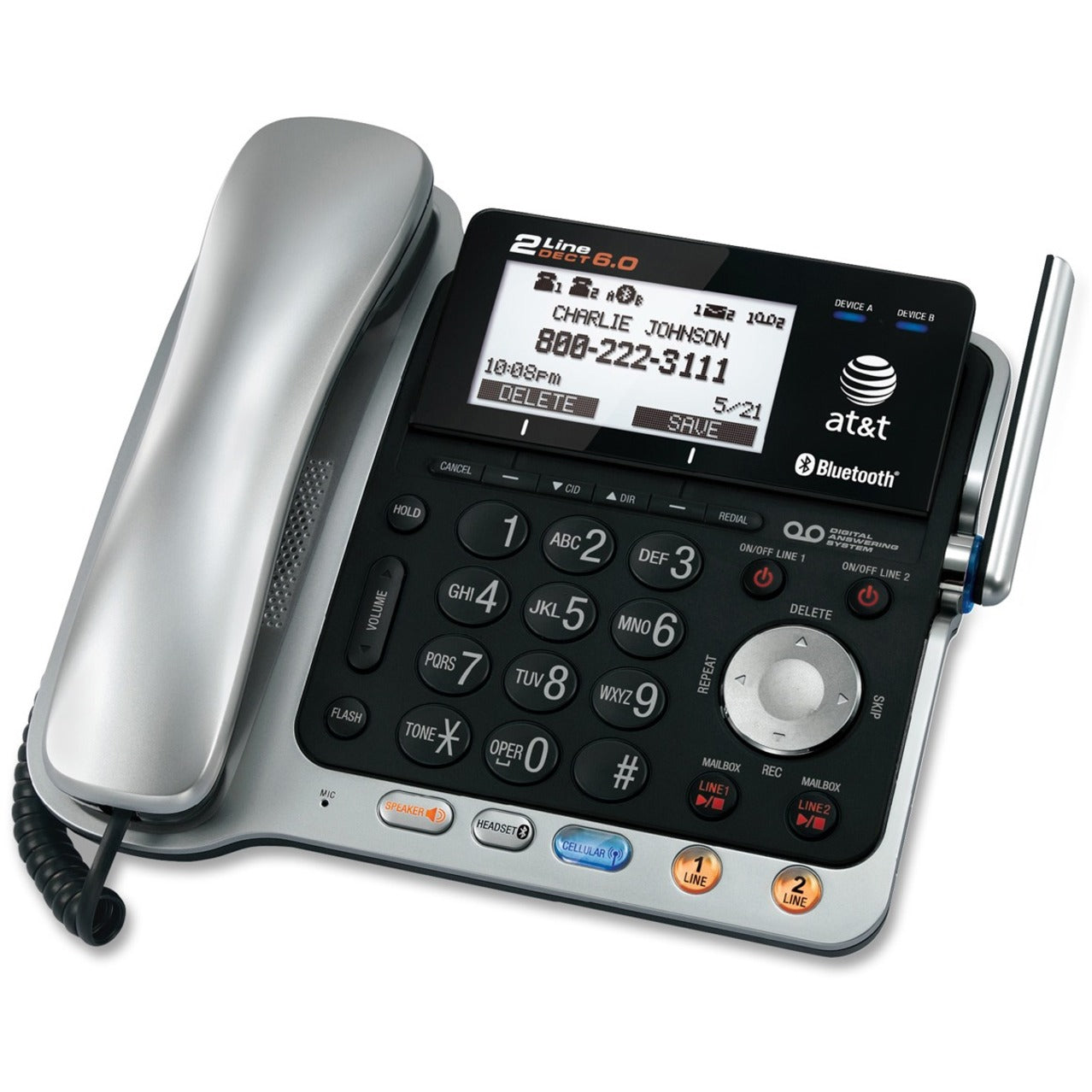 AT&T TL86109 Dect 6.0 2-line Telephone System with Handset, Bluetooth Cordless Phone - Black, Silver