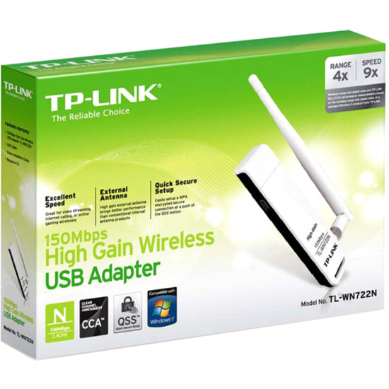 TP-Link TL-WN722N 150Mbps High Gain Wireless USB Adapter, Wi-Fi 4, Omnidirectional Antenna, IEEE 802.11n, 4 dBi Antenna Gain
