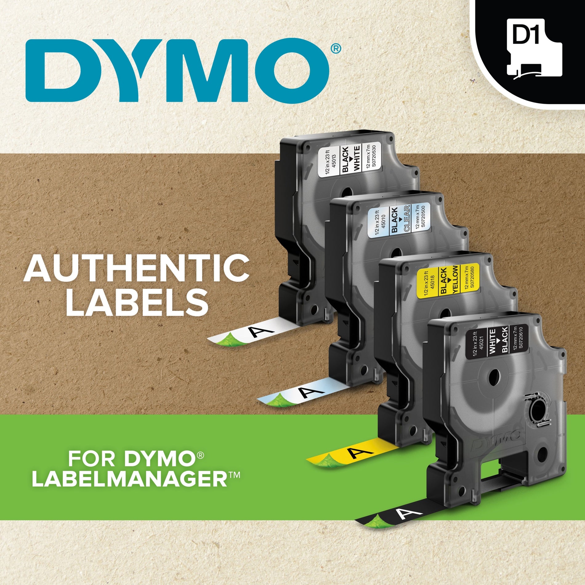 Dymo 43613 D1 Electronic Tape Cartridge, 1/4"x23' Size, Black/White