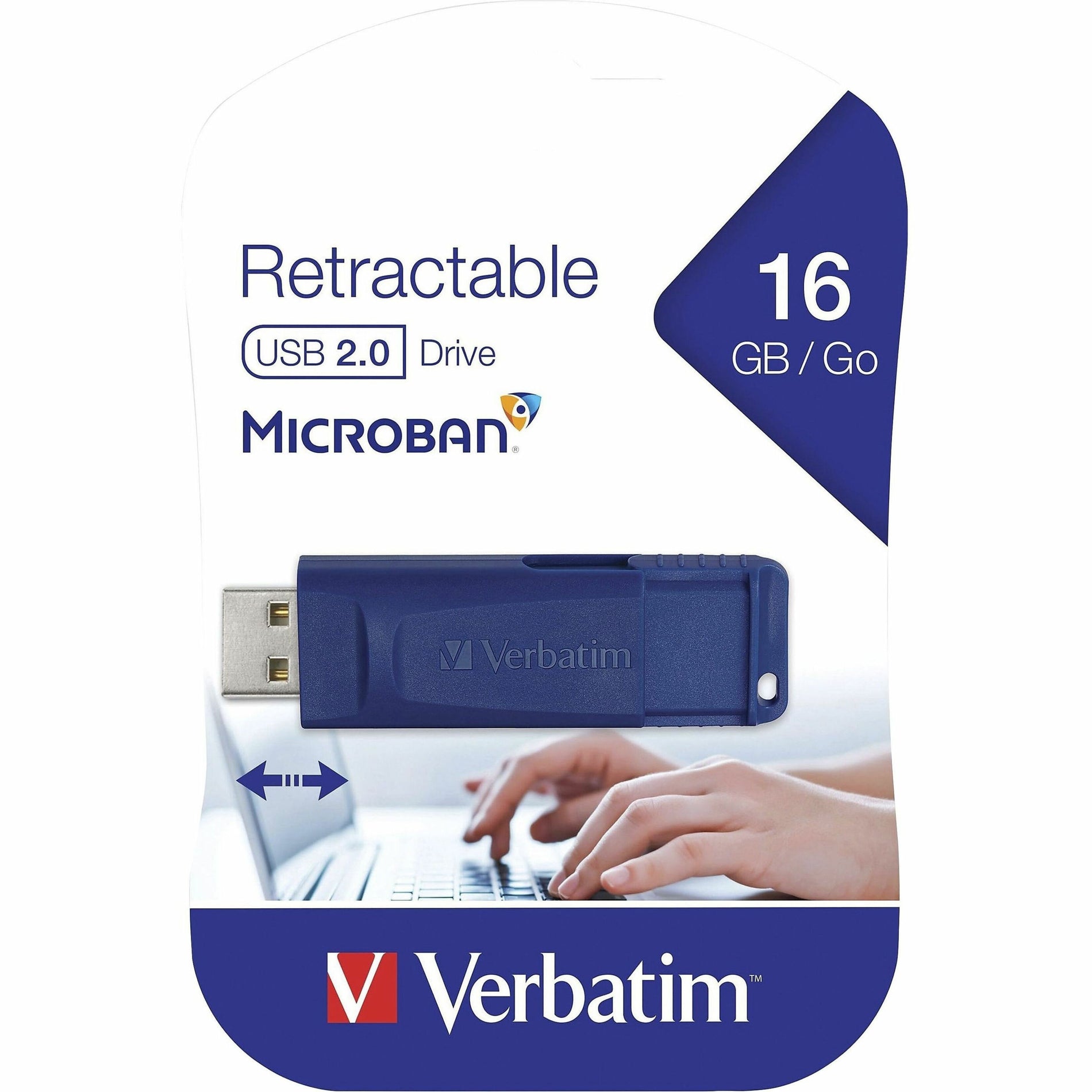 Microban 97275 16GB USB Flash Drive, Blue - Capless, Retractable, Antimicrobial