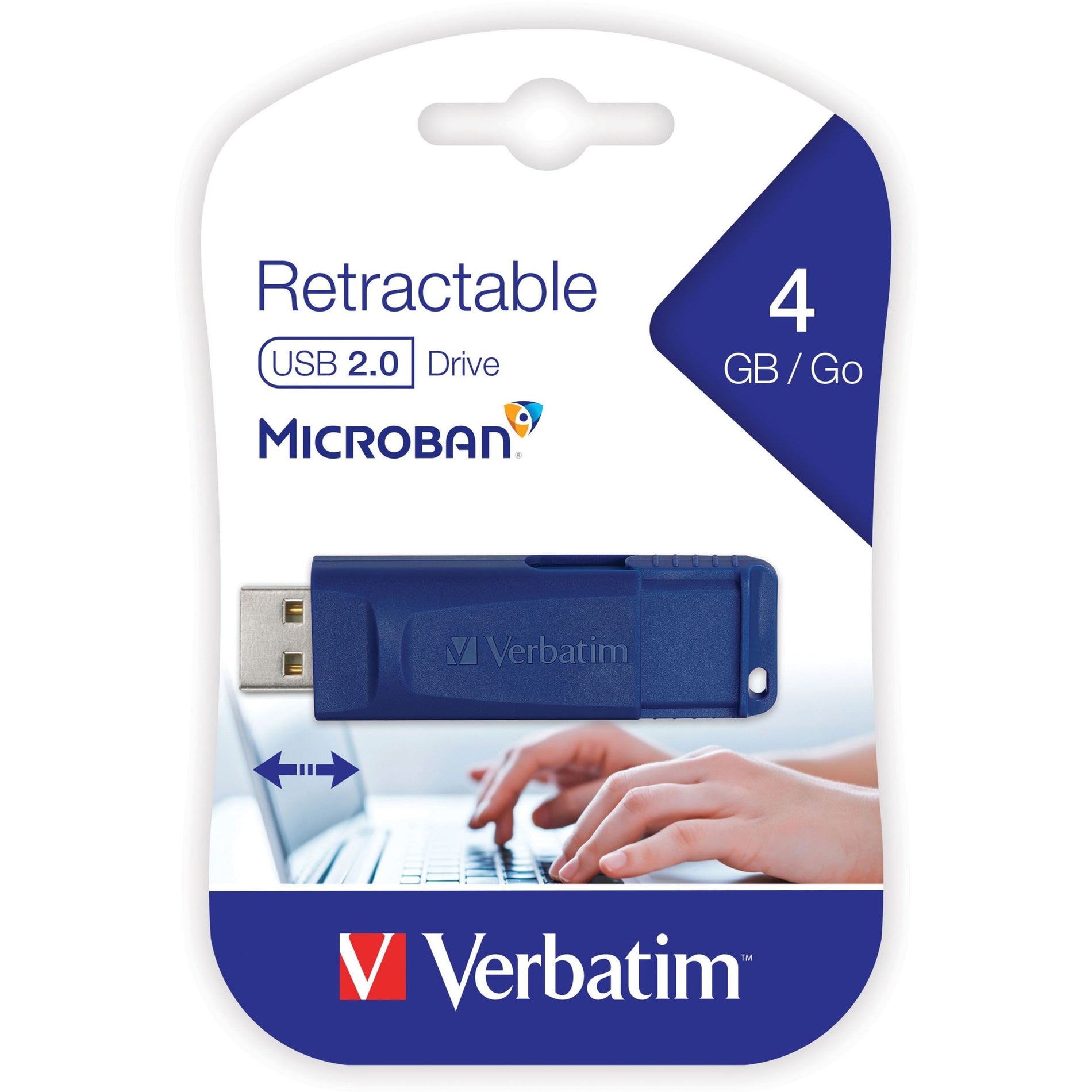 Verbatim 97087 Classic Capless USB Drive, 4GB Blue, Retractable, Antimicrobial