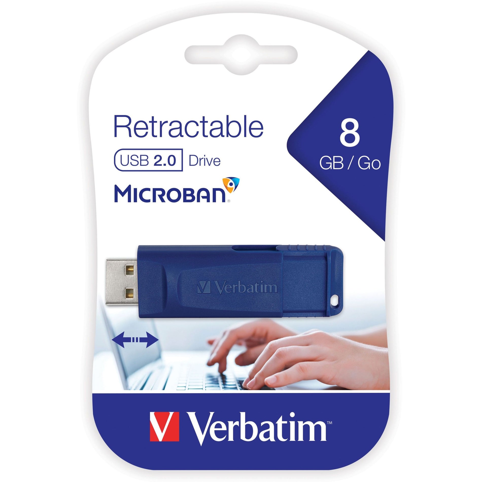 Verbatim 97088 8GB USB Flash Drive, Blue - Retractable, Antimicrobial, Capless