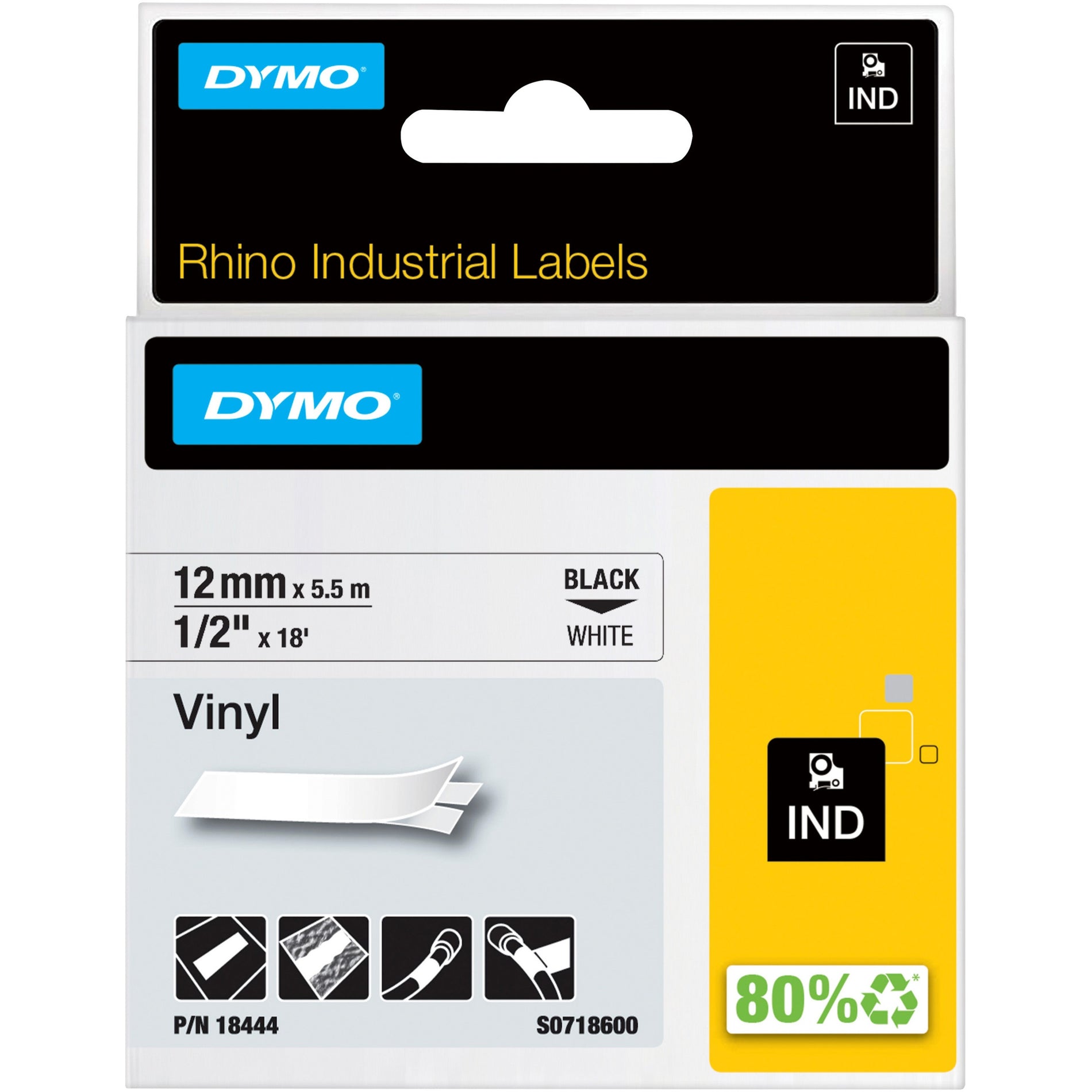 Dymo 18444 Rhino Industrial Vinyl Labels, Chemical Resistant, Oil Resistant, Black on White