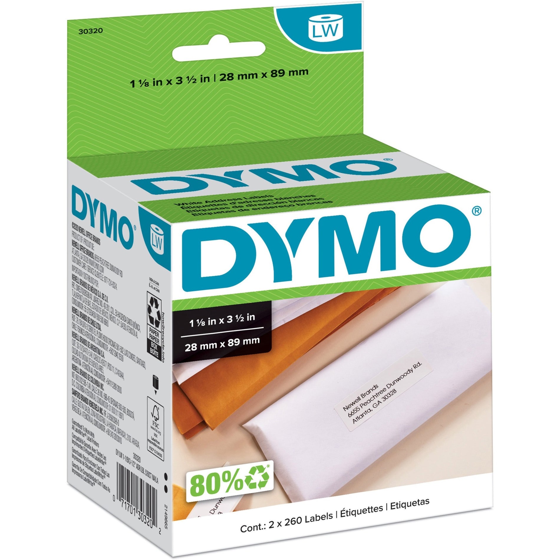 Dymo 30320 High-Capacity Address Labels, Self-Adhesive, 1 1/8" x 3 1/2", 520/Box
