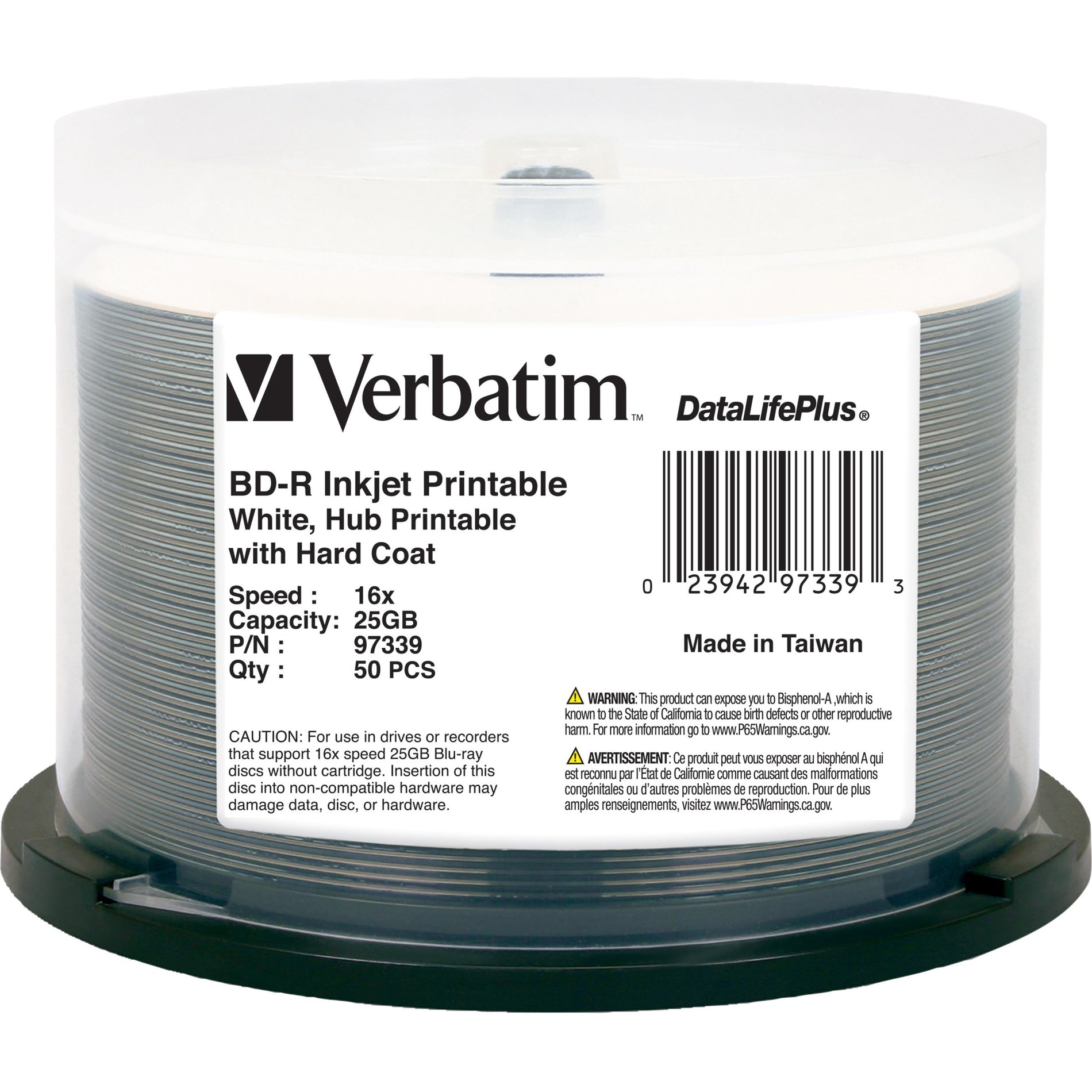 Verbatim 97339 BD-R 16x White Inkjet Hub Printable Disc, 50PK 25GB 6X