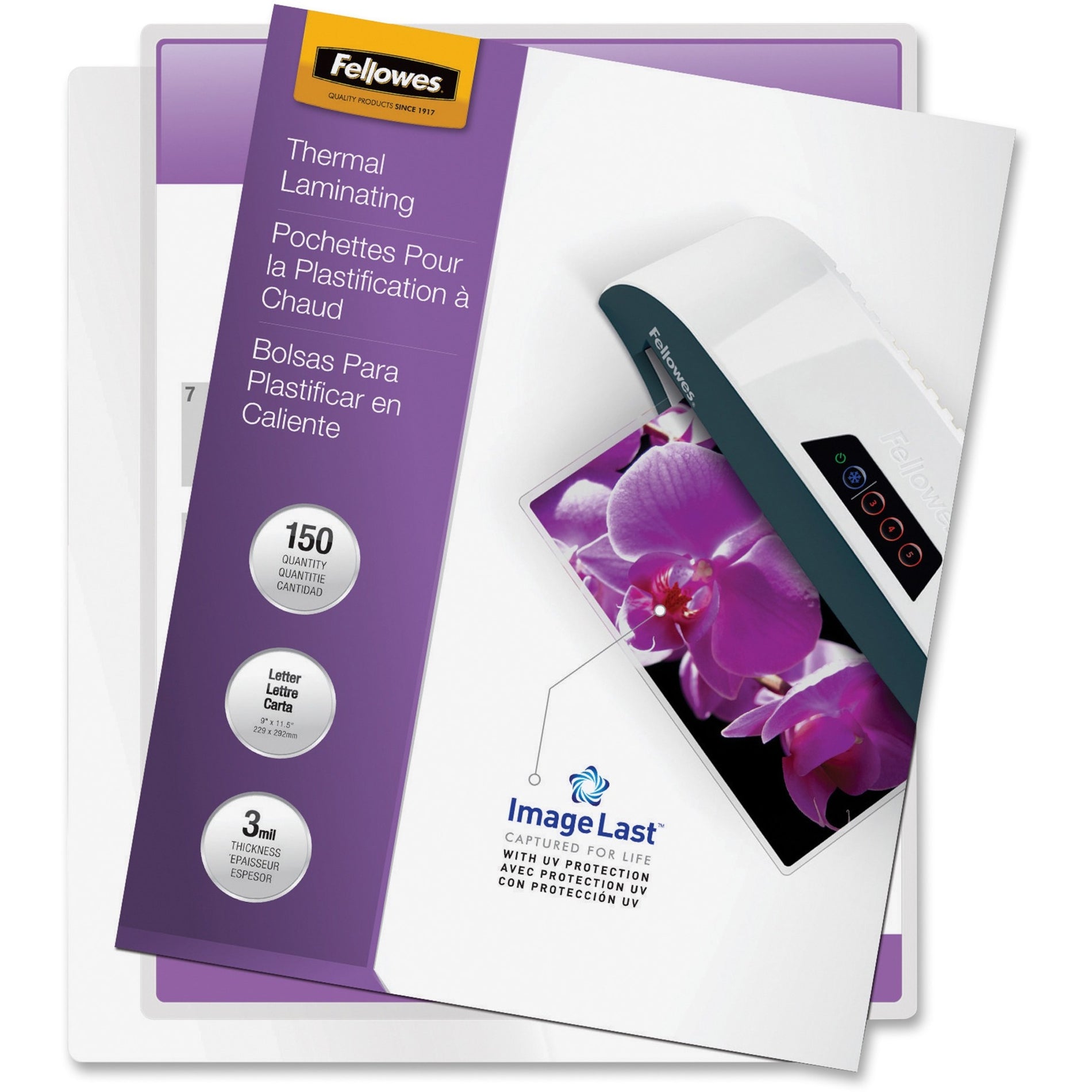 Fellowes 5200509 ImageLast Jam-Free Premium Thermal Laminating Pouches, 3 mil, 9"x11-1/2", 150/PK, Clear