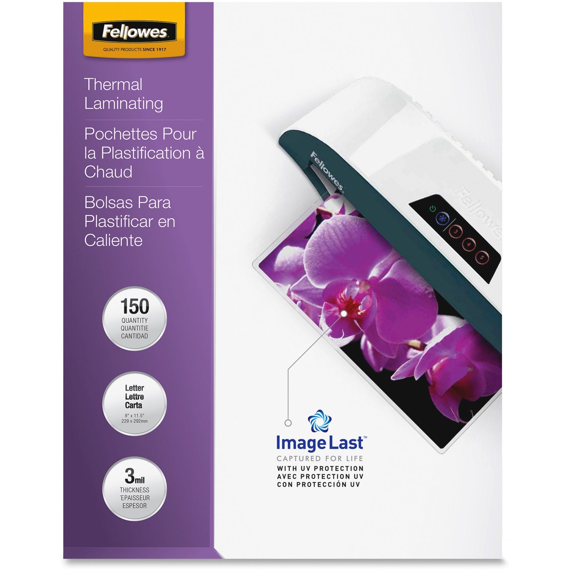Fellowes 5200509 ImageLast Jam-Free Premium Thermal Laminating Pouches, 3 mil, 9"x11-1/2", 150/PK, Clear