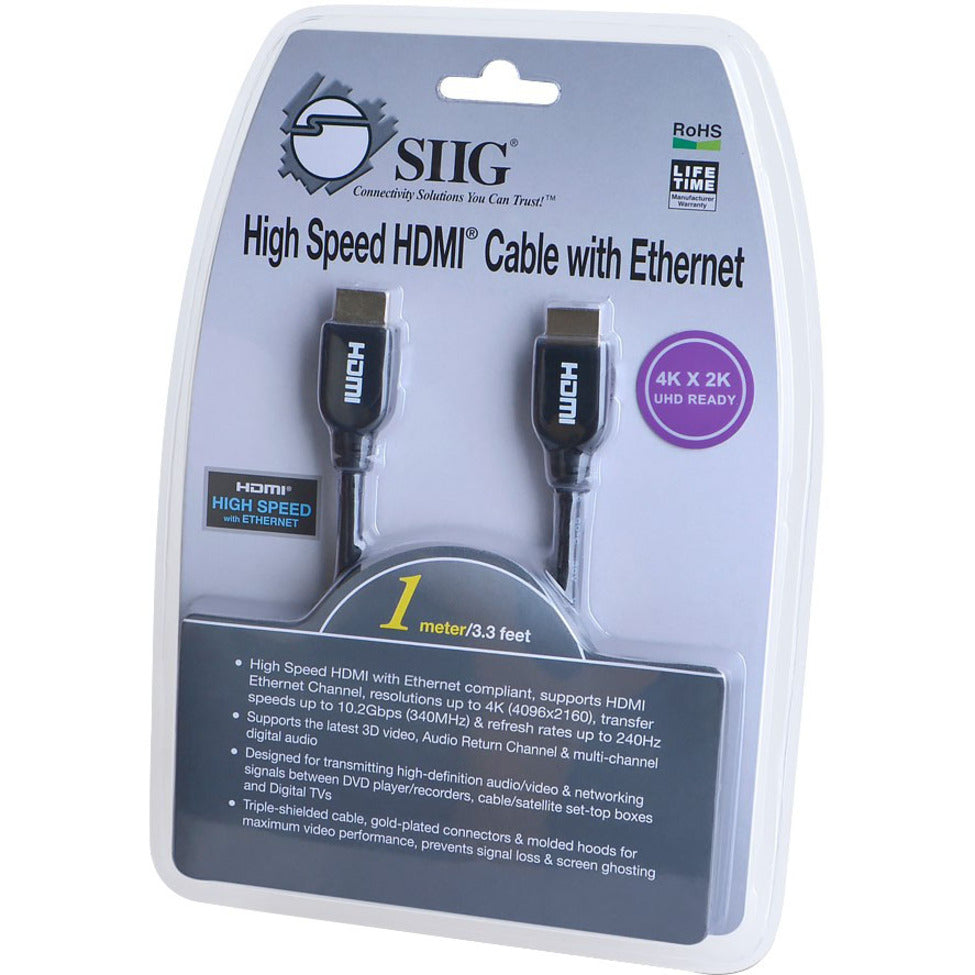 SIIG CB-H20412-S1 HDMI Cable, 3.28 ft, Molded, Copper Conductor, Gold Plated Connectors, Shielded, Black