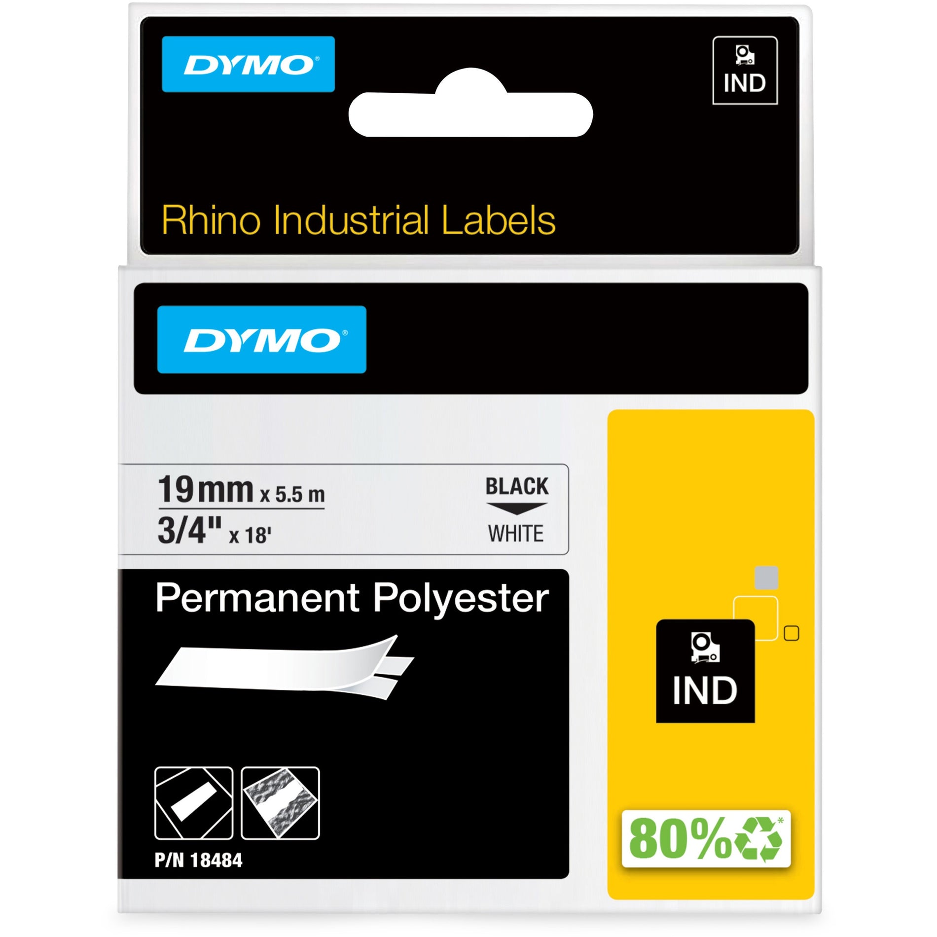 Dymo 18484 Permanent Polyester Labels, 3/4"x18', White, Outdoor Use
