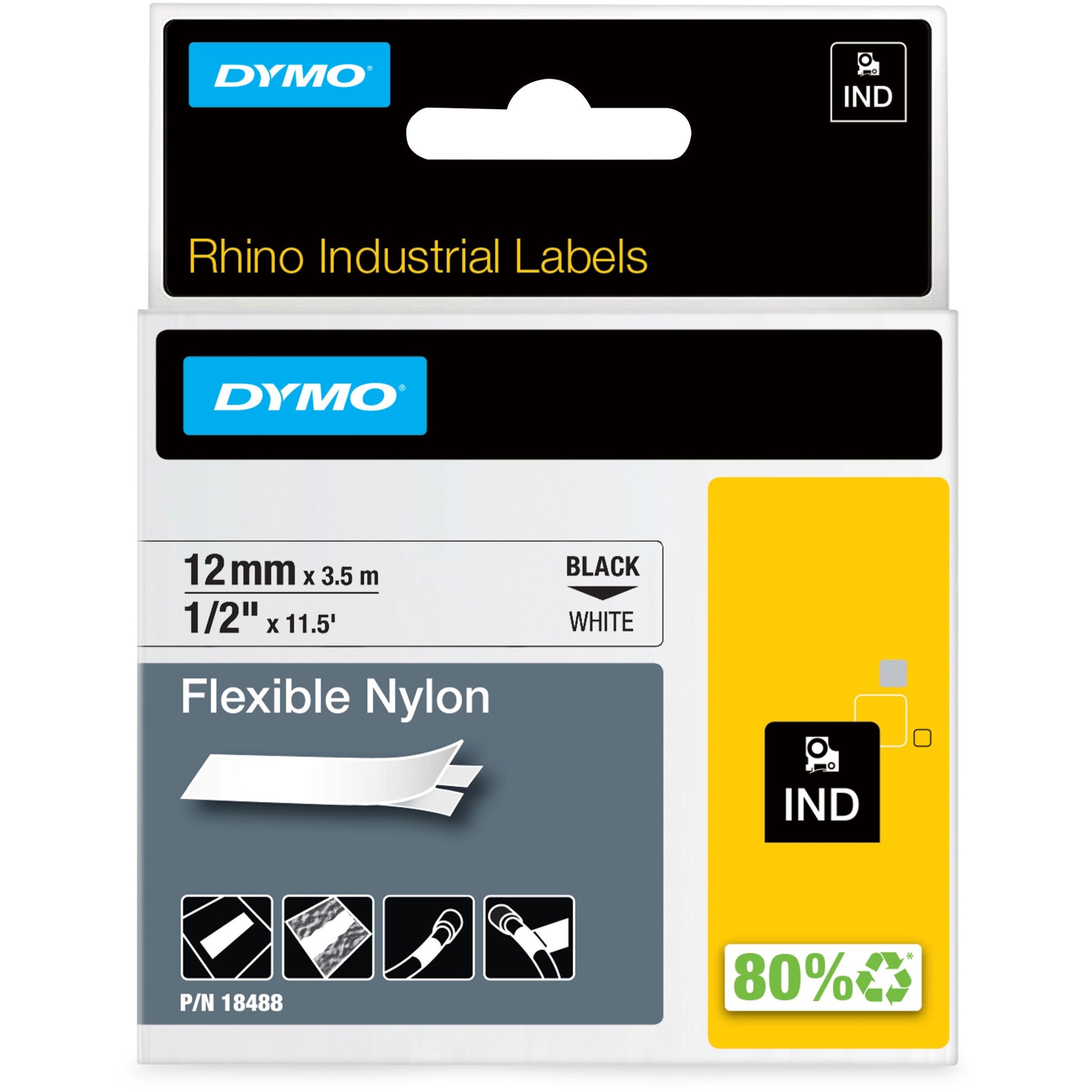 Dymo 18488 Rhino Flexible Nylon Labels, 1/2"x11.5', White, Flexible and Temperature Resistant