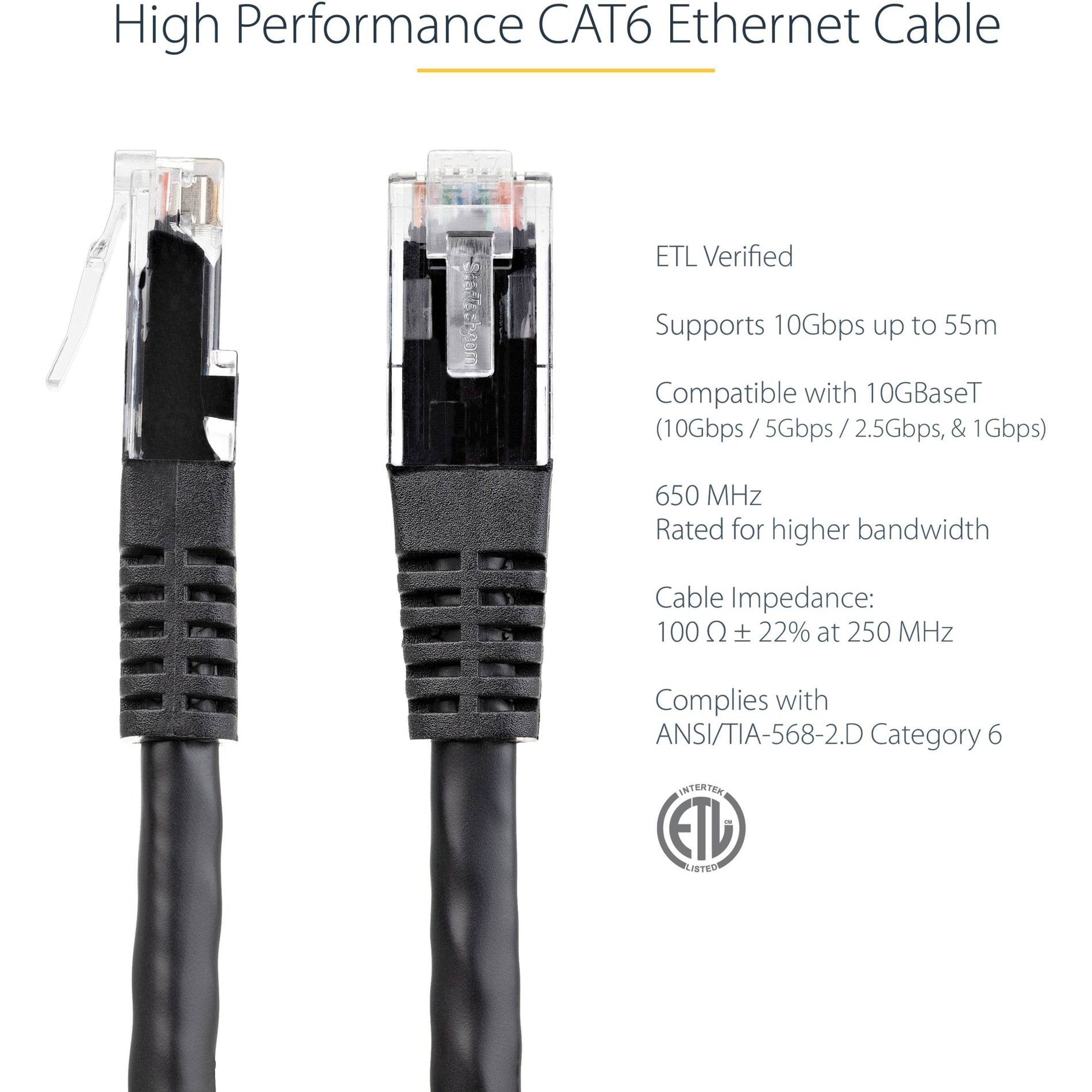 StarTech.com C6PATCH7BK 7ft Black Cat6 UTP Patch Cable ETL Verified, PoE++, Bend Resistant, Fray Resistant, Rust Resistant, Corrosion Resistant, Stranded, Molded, PoE, Strain Relief, Damage Resistant