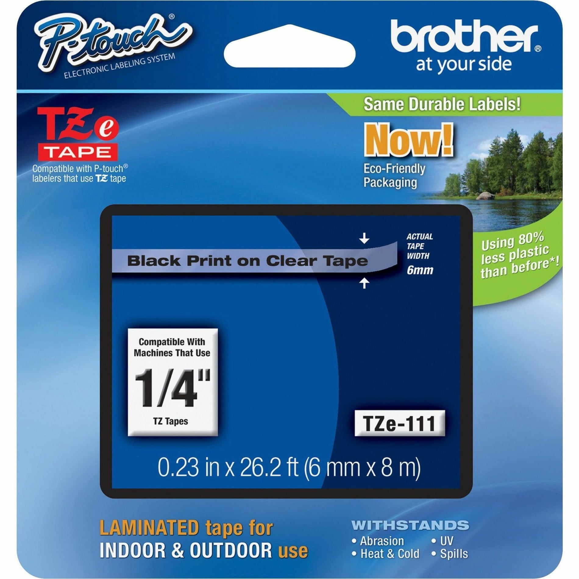 Brother TZE111 P-touch TZe Laminated Tape Cartridges, Clear/Black, 15/64" Label Width, Water Resistant