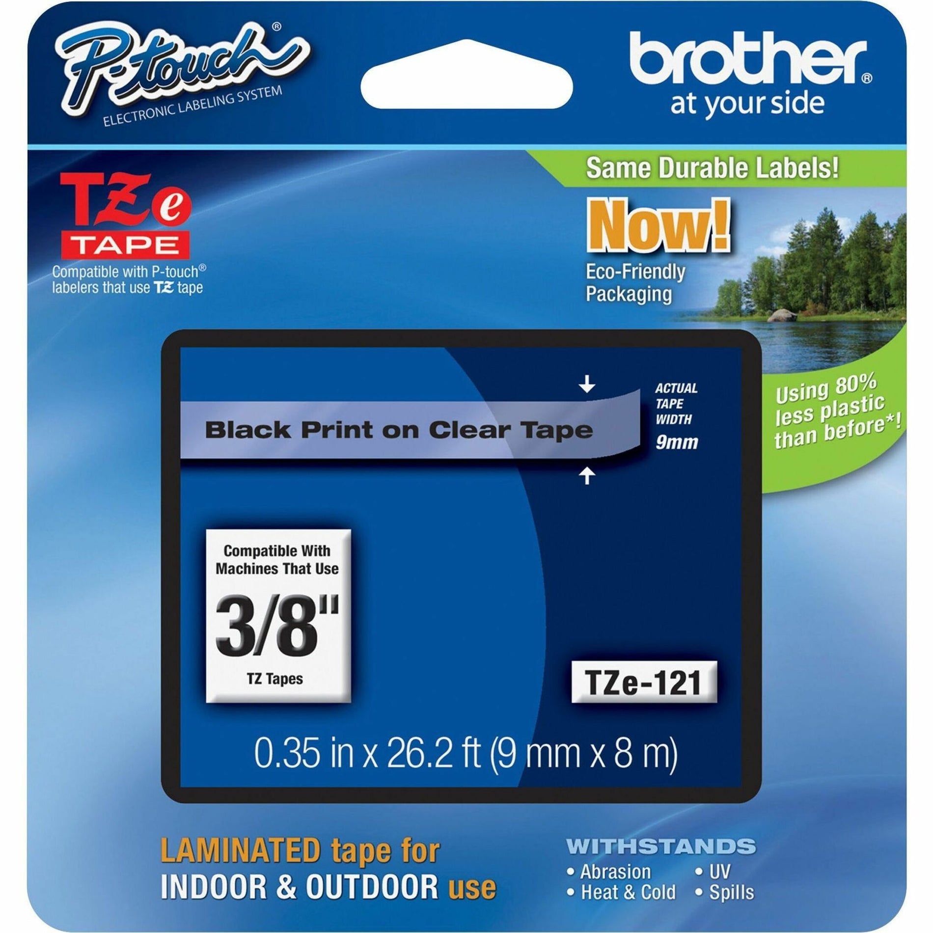 Brother TZE121 P-touch TZe Laminated Tape Cartridges, 3/8" Label Width, Clear, Grease Resistant, Grime Resistant, Temperature Resistant, Water Resistant