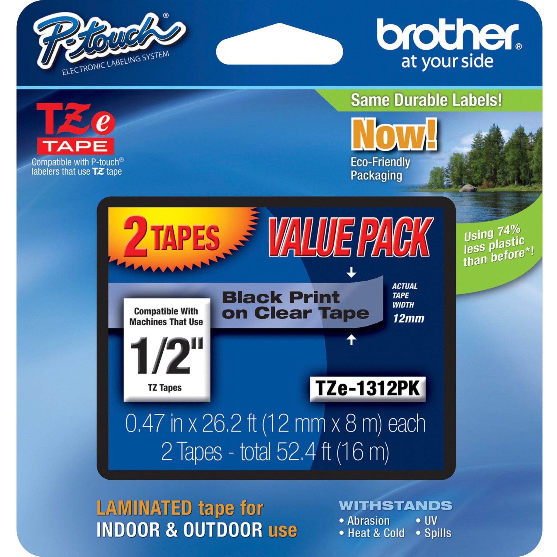 Brother TZE1312PK 1/2" Black/Clear Laminated TZe Tape Value Pack, Grease Resistant, Grime Resistant, Temperature Resistant