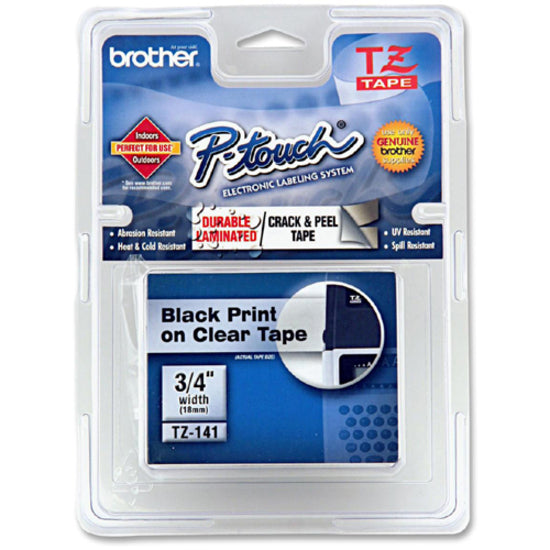 Brother TZE141 P-Touch TZe Flat Surface Laminated Tape, 3/4", Clear, Temperature Resistant, Grease Resistant, Grime Resistant