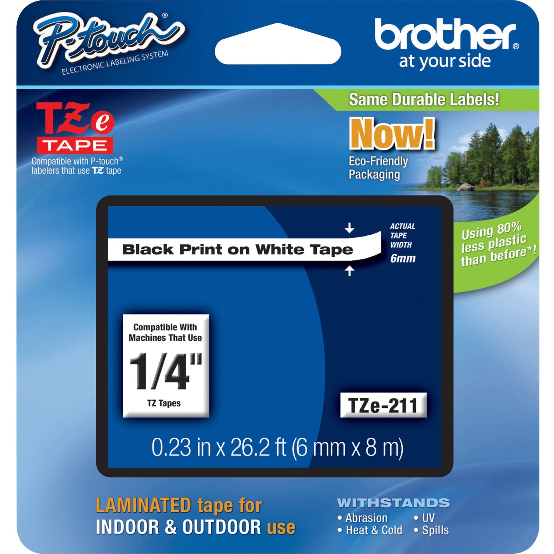 Brother TZE211 P-touch TZe Laminated Tape Cartridges, 1/4" Label Width, White, Grease Resistant, Grime Resistant, Temperature Resistant, Water Resistant