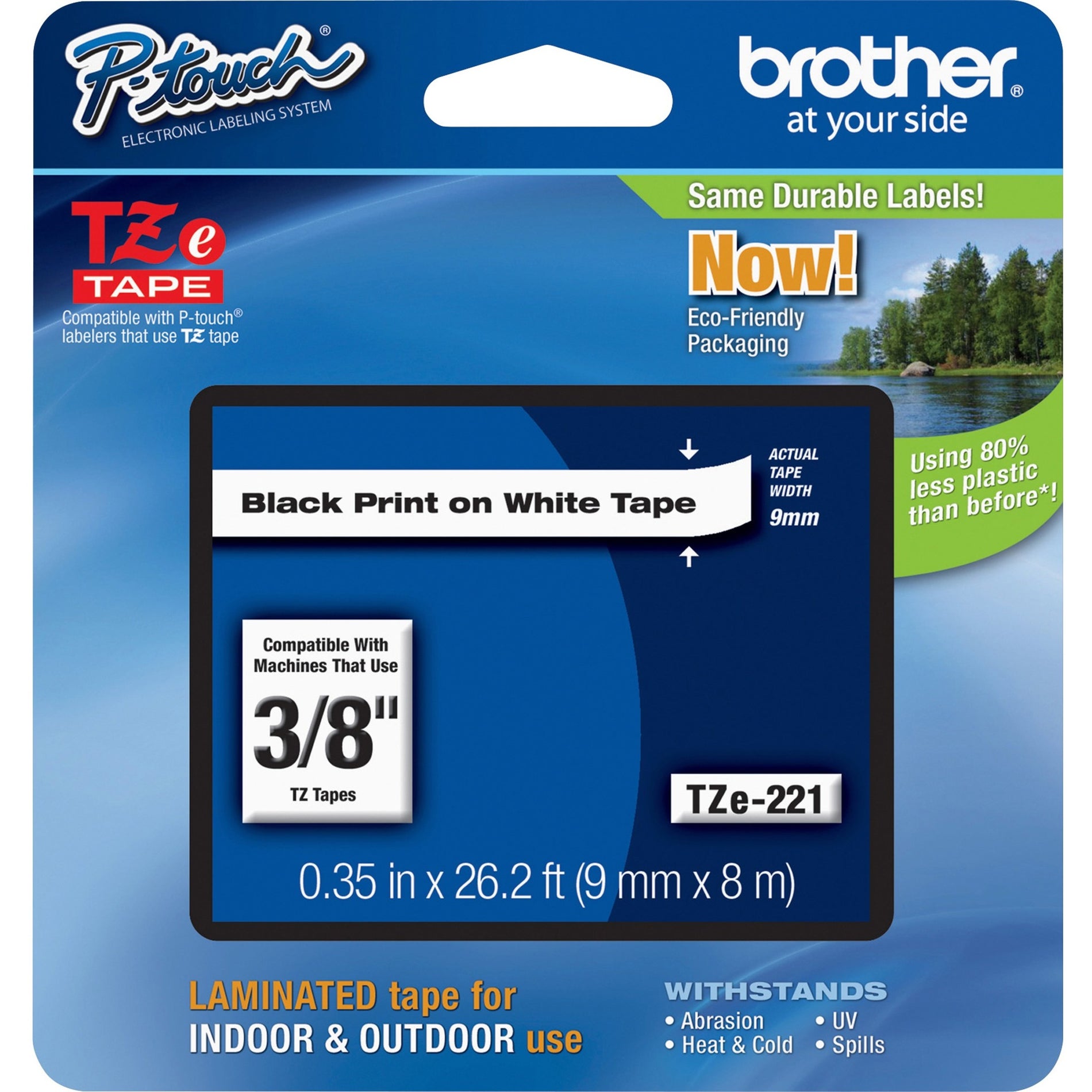 Brother TZE221 P-touch Laminated Tape Cartridge, 3/8" Label Width, White, Temperature Resistant