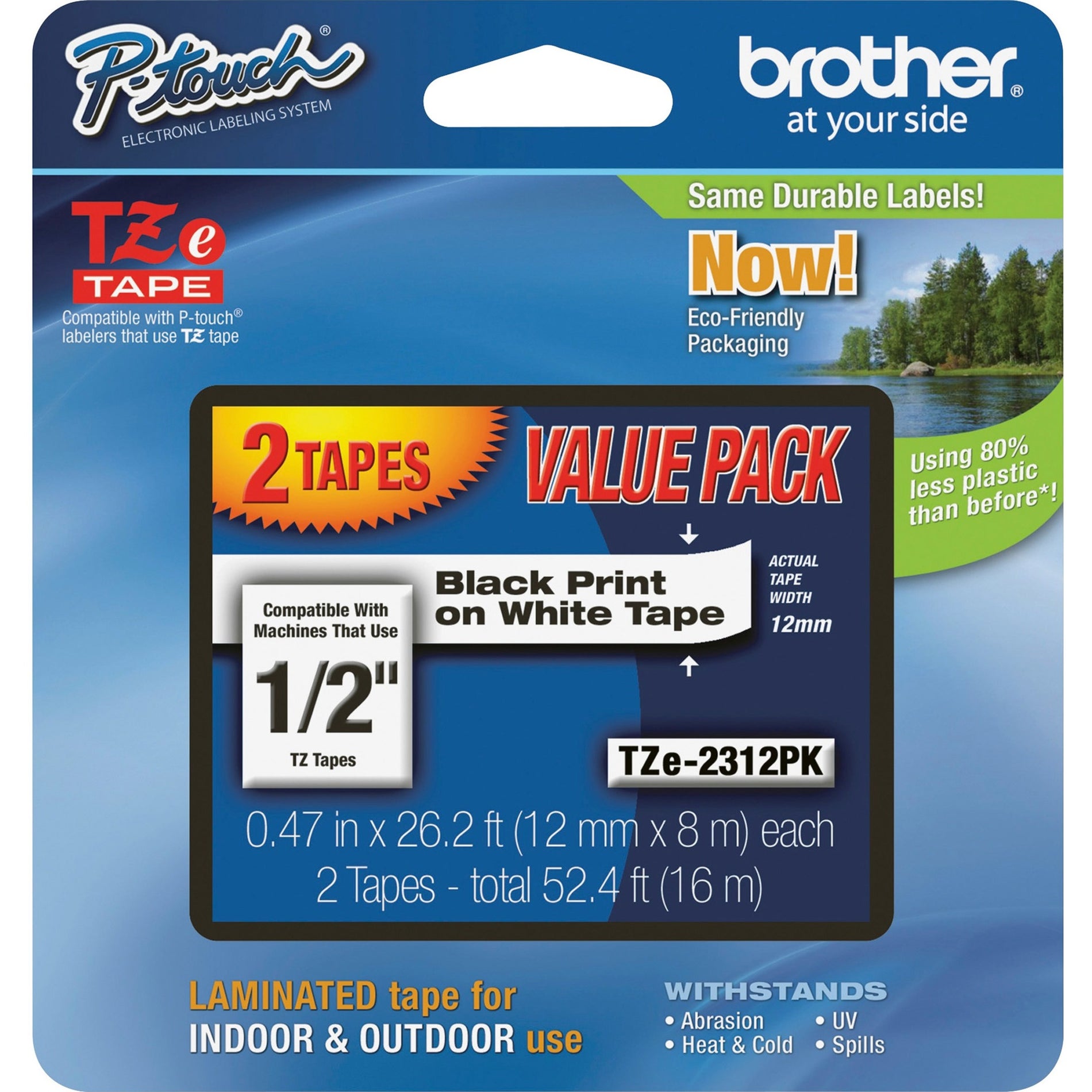 Brother TZE2312PK 1/2" Black/White TZe Laminated Tape Value Pack, Grease Resistant, Grime Resistant, Temperature Resistant
