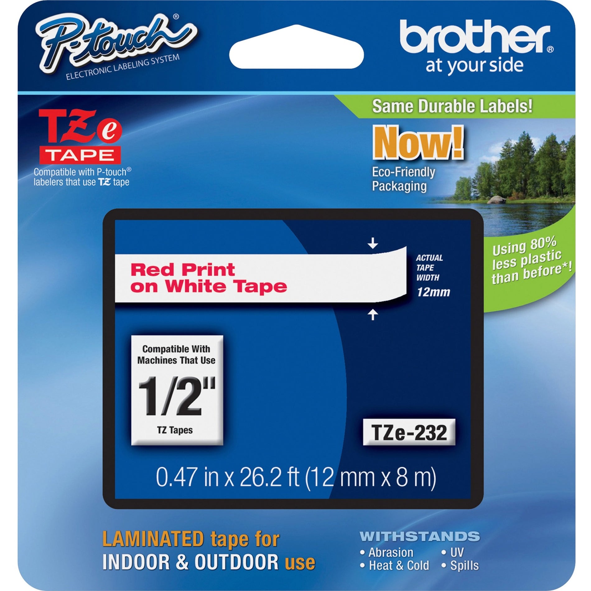 Brother TZE232 P-touch TZe Laminated Tape Cartridges, 1/2" White, Grease Resistant, Grime Resistant, Temperature Resistant, Water Resistant